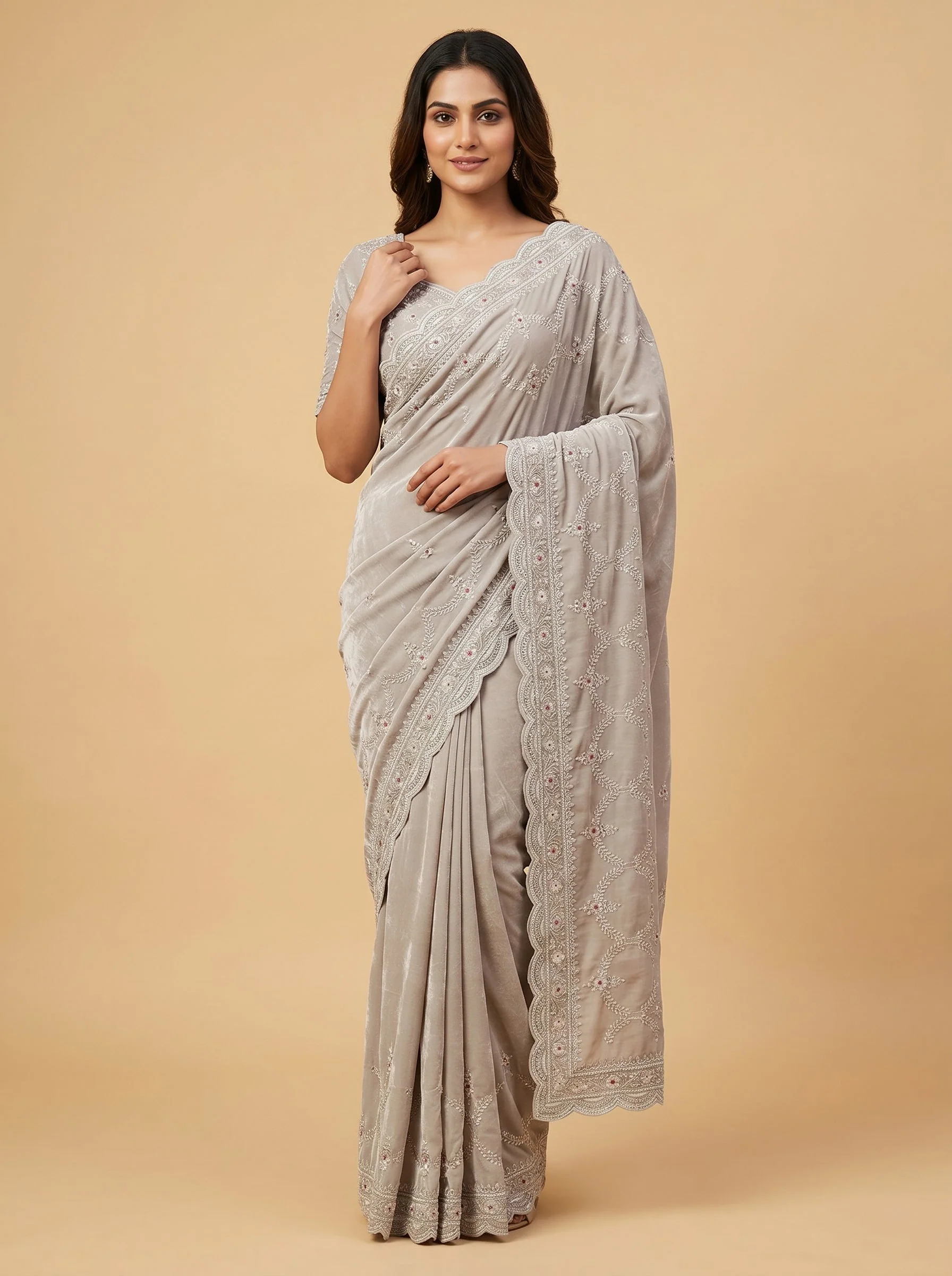 Silver embroidered saree with elegant finish
