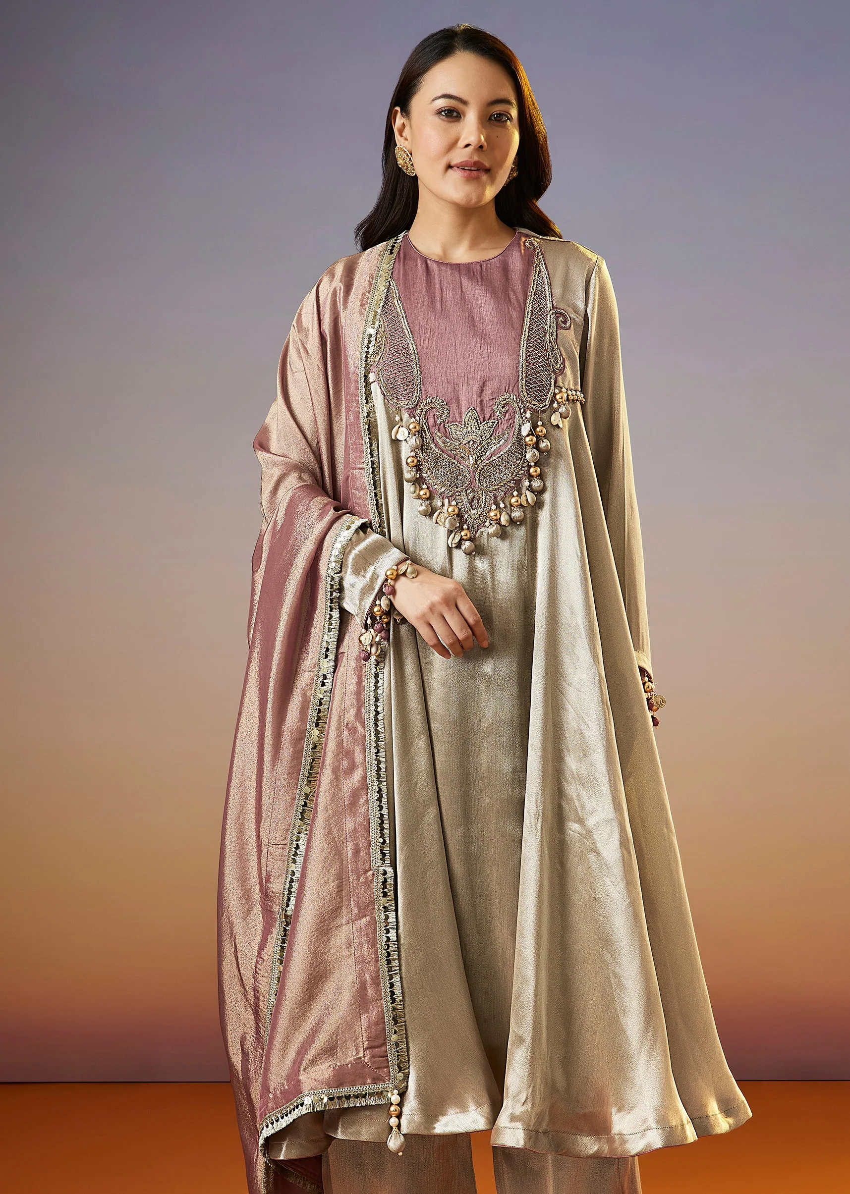Silver Embroidered Tissue Anarkali Set With Dupatta - Image 4