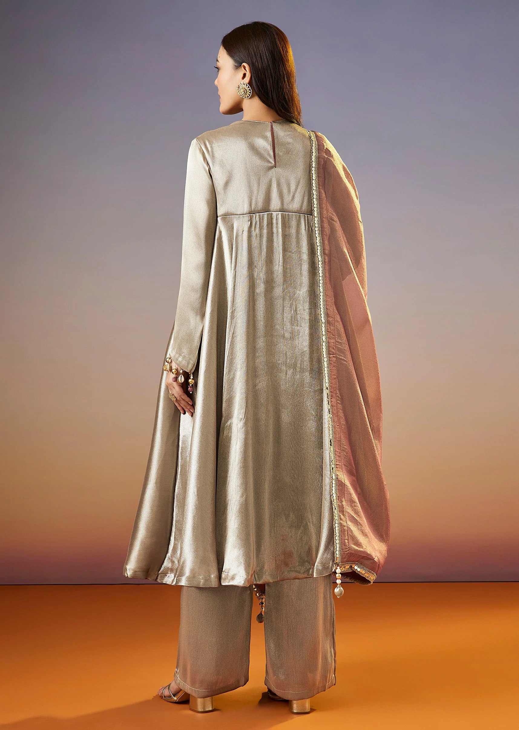 Silver Embroidered Tissue Anarkali Set With Dupatta - Image 5