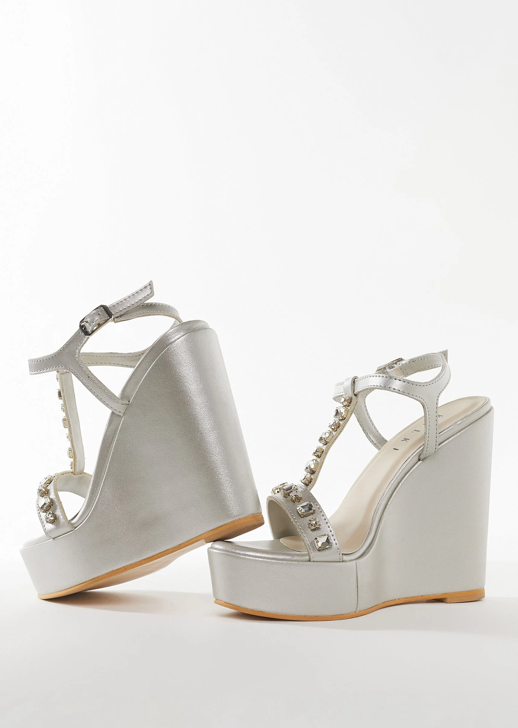 Silver Faux Leather Womens Footwear With Embellished Detail Work - Image 2