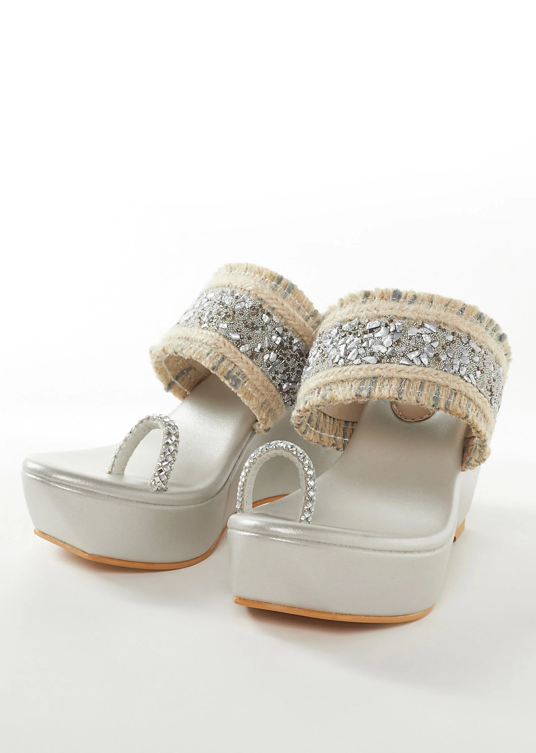 Silver Faux Leather Womens Footwear With Embellished Detail Work - Image 5