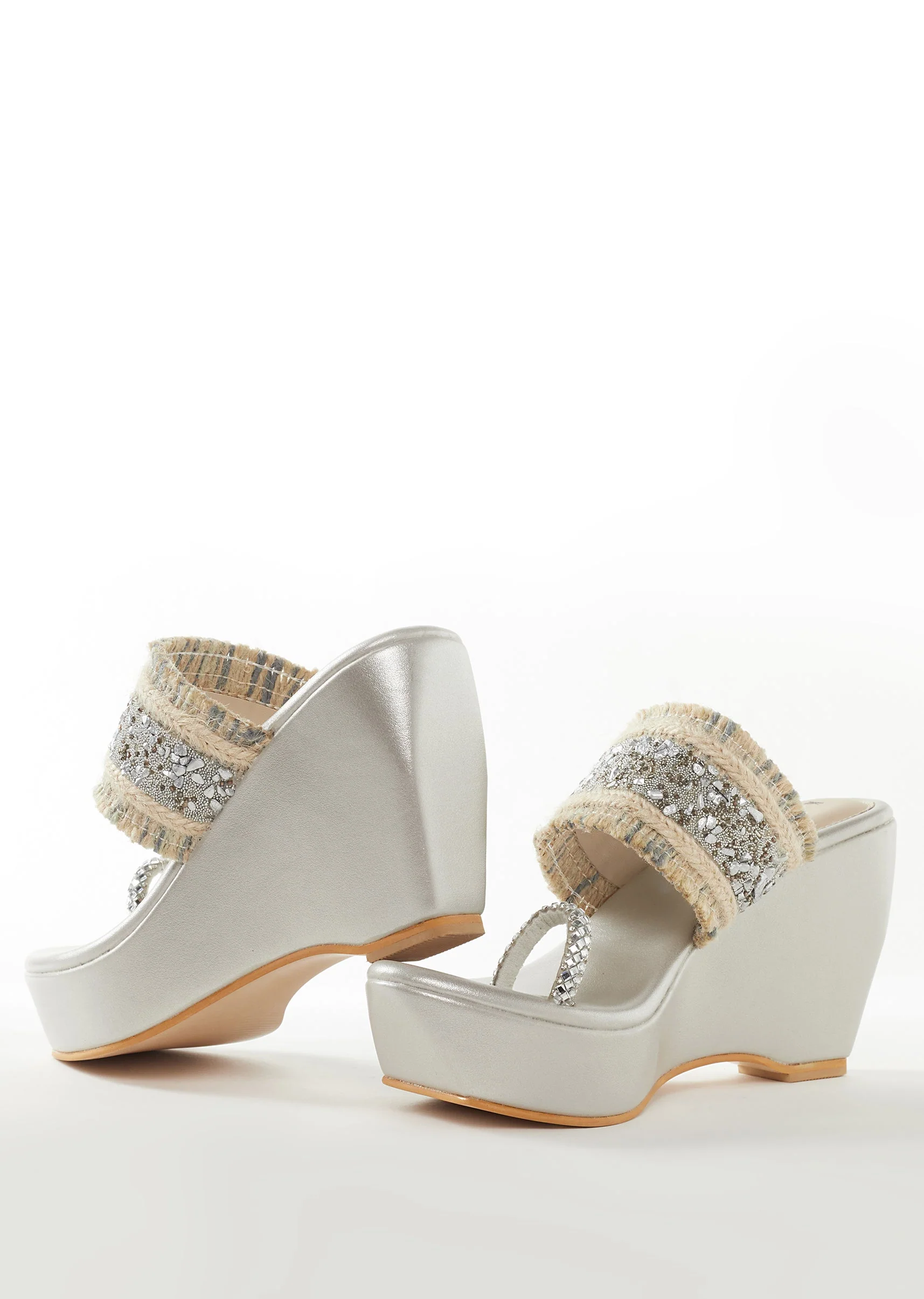 Silver Faux Leather Womens Footwear With Embellished Detail Work - Image 7