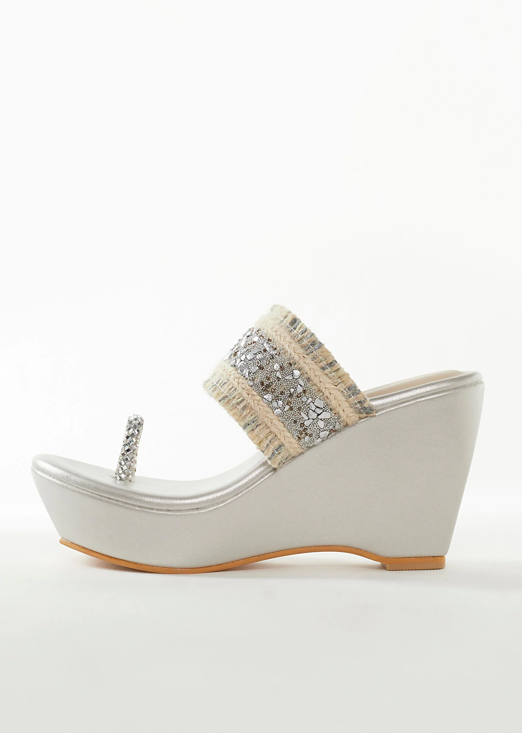 Silver Faux Leather Womens Footwear With Embellished Detail Work - Image 8