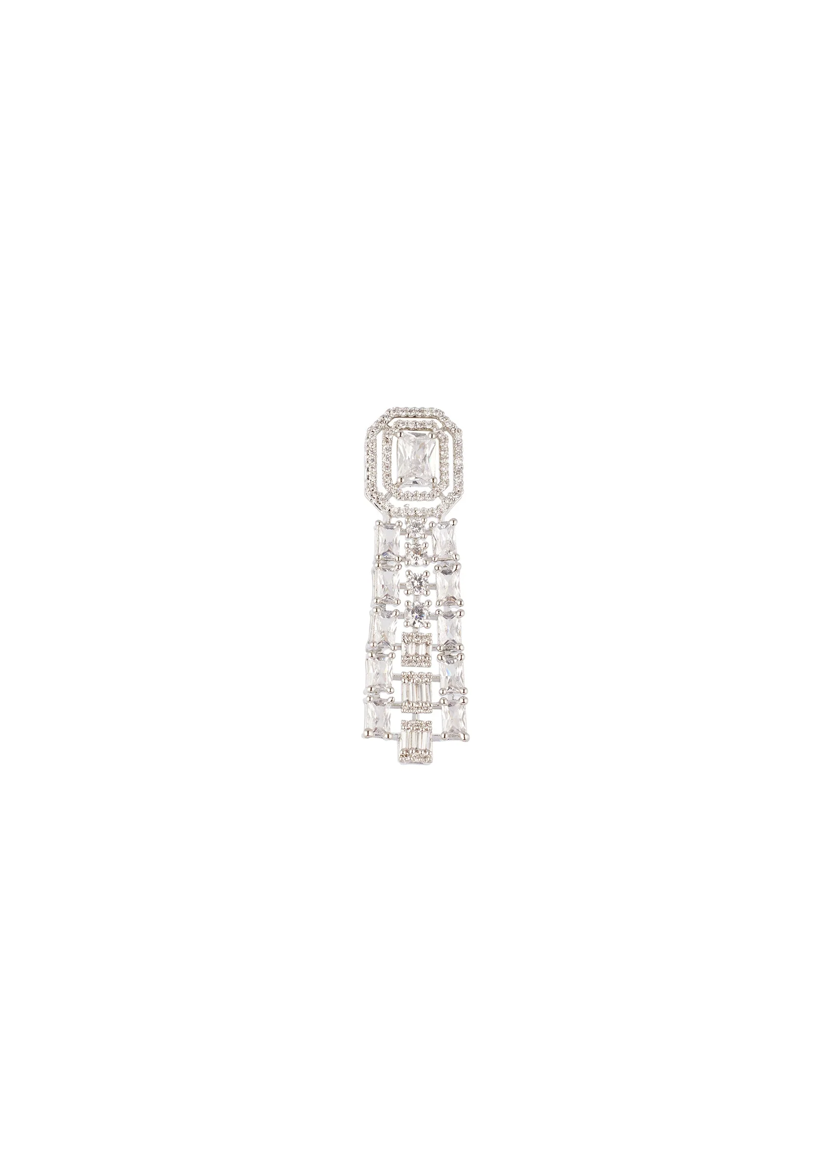 Silver Finish Art Deco Inspired Earrings With Baguette Style Accents - Image 3