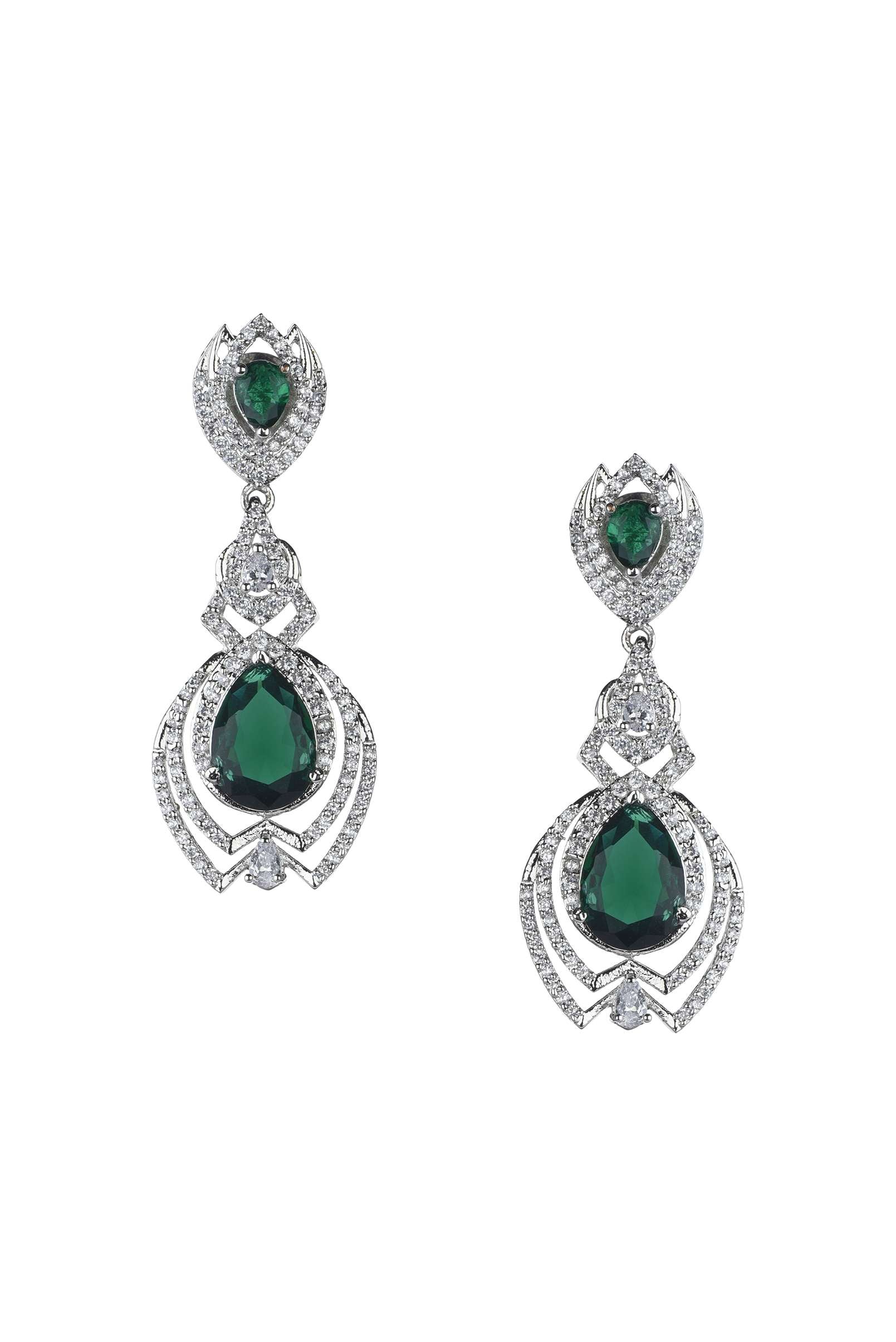 Silver Finish Danglers Studded With Faux Emerald Stones - Image 4