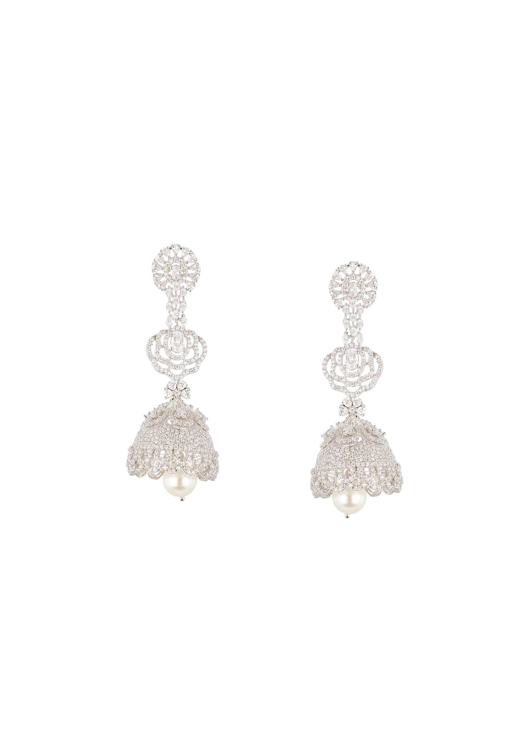 Silver Finish Earrings In Mix Metal With Jhumka Style Cubic Zirconia And Faux Pearl Drop - Image 2