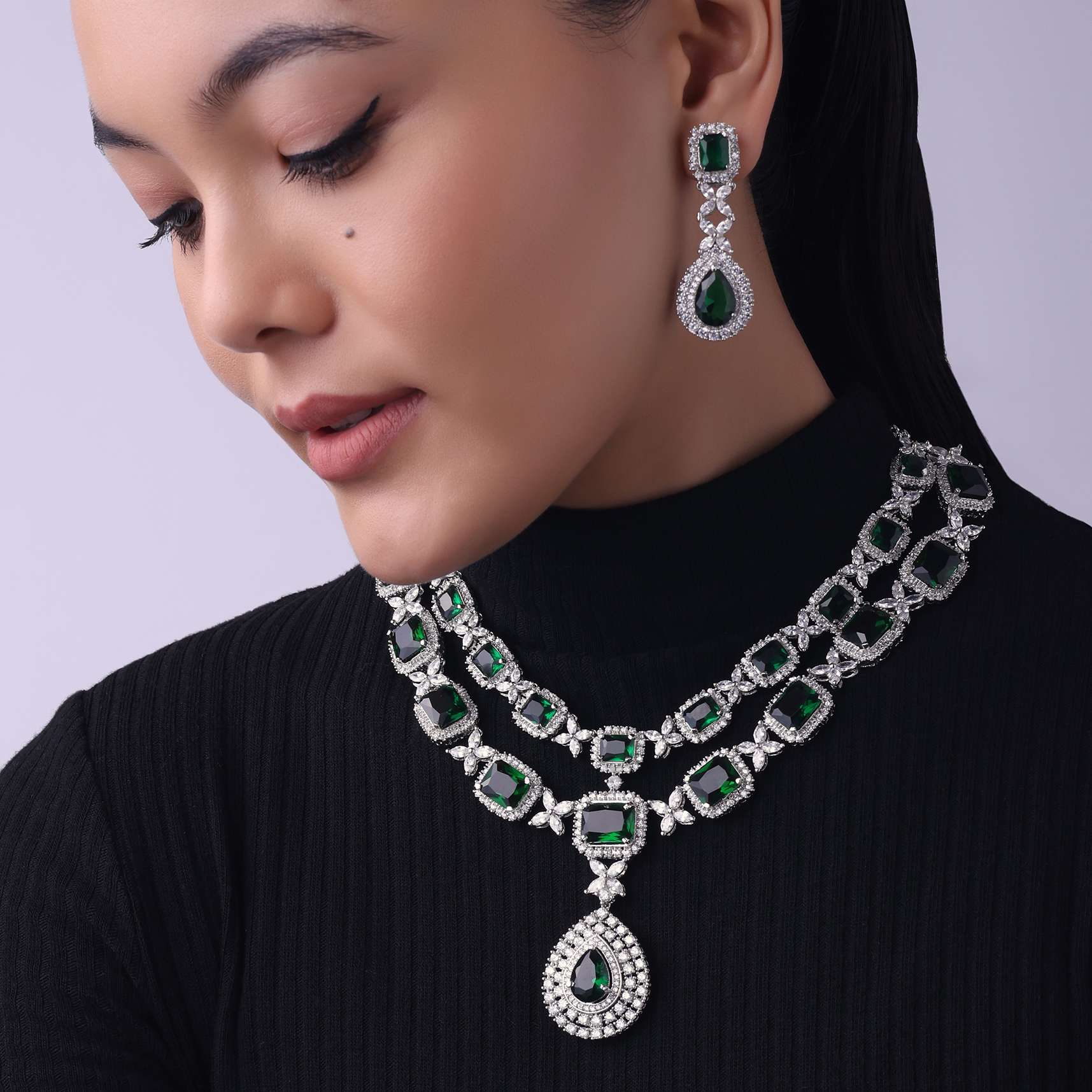 Silver Finish Long Necklace Studded With Faux Diamonds And Emerald Stones - Image 2