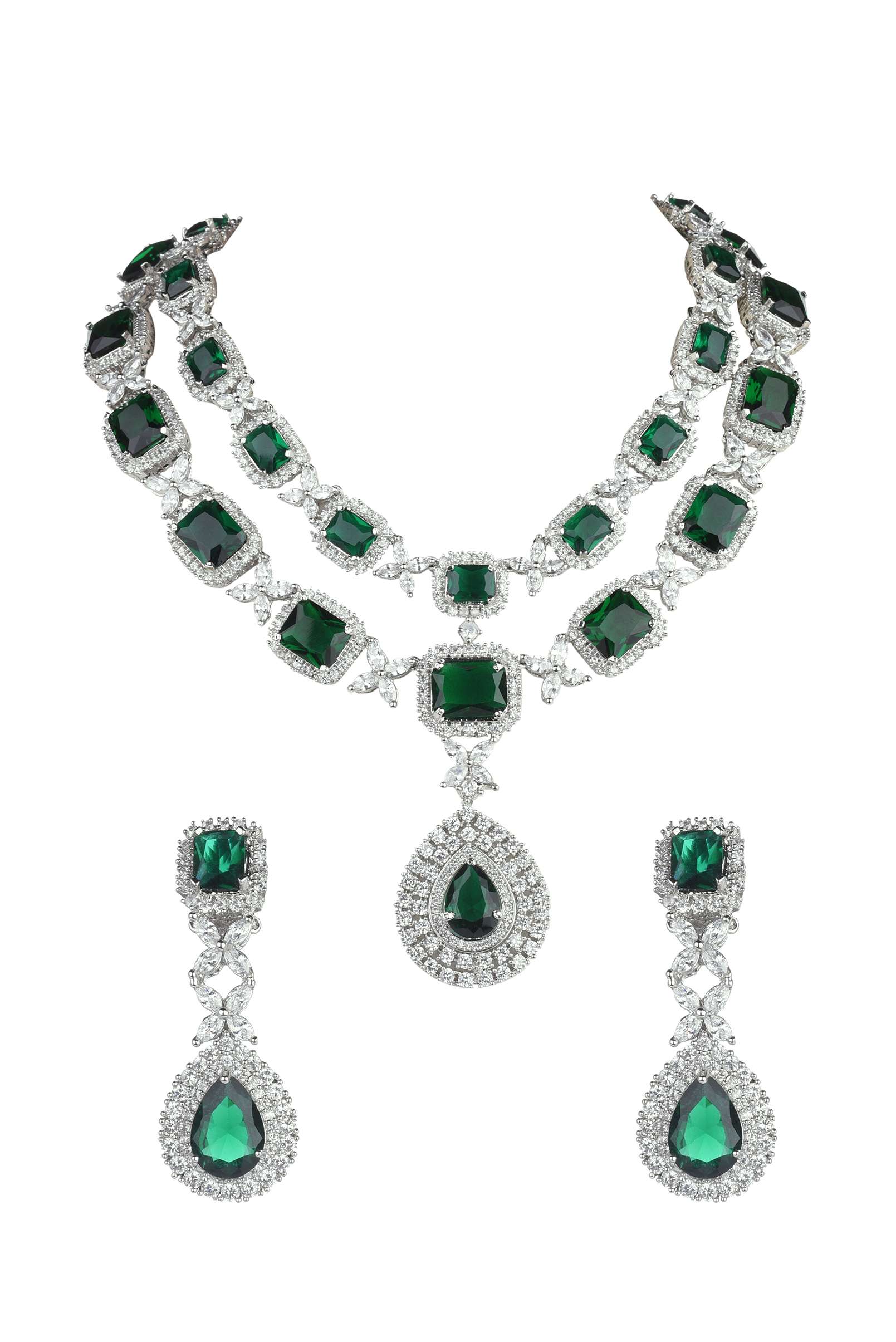Silver Finish Long Necklace Studded With Faux Diamonds And Emerald Stones - Image 8