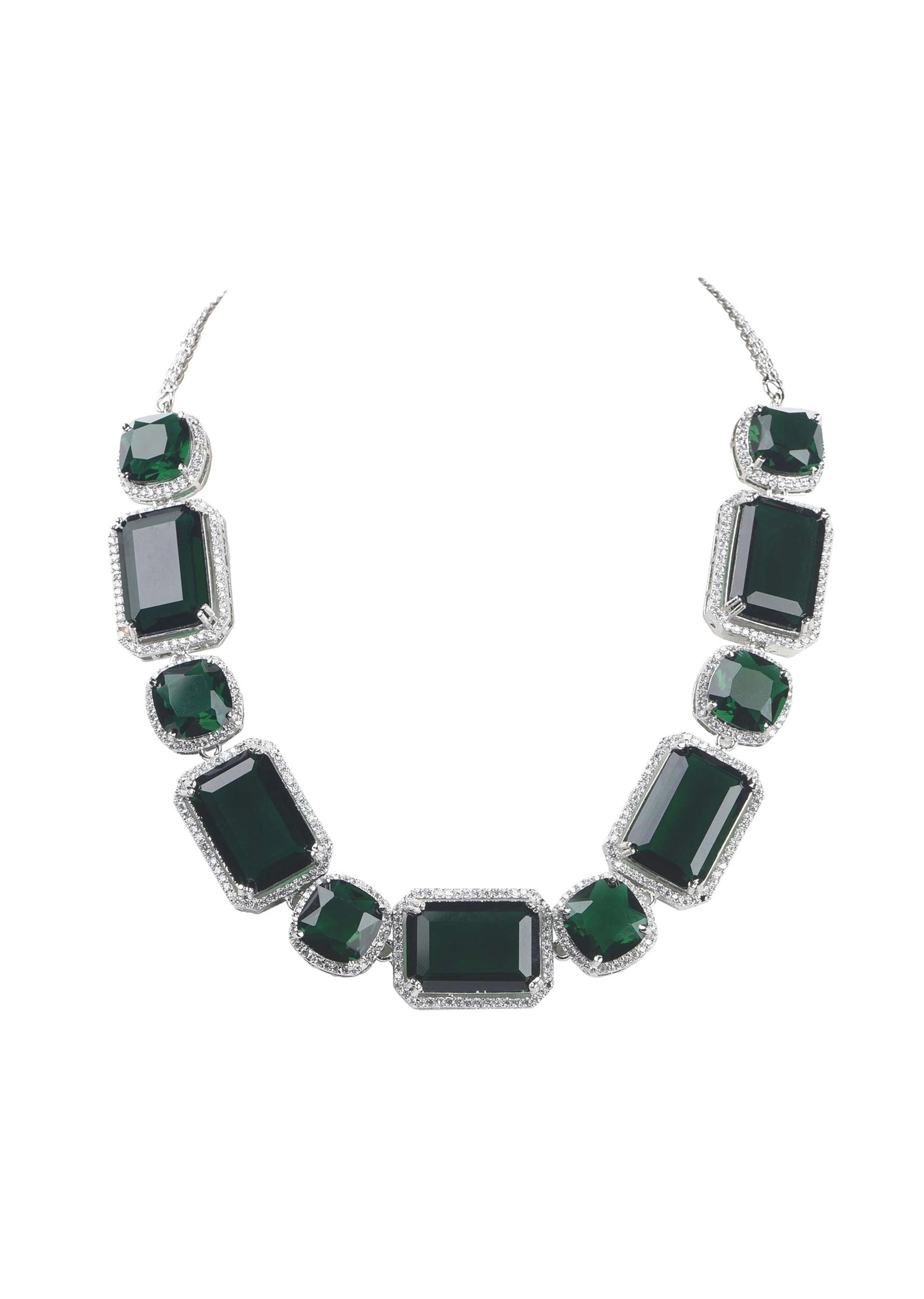 Silver Finish Necklace And Earring Set Studded With Green Synthetic Stones - Image 5