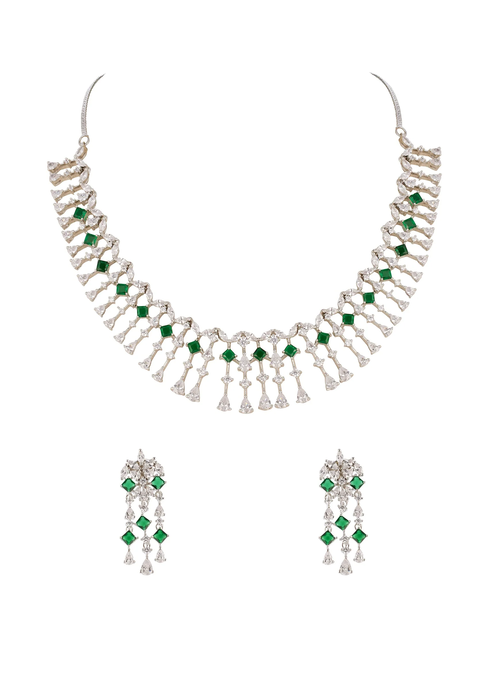 Silver Finish Necklace Set In Mix Metal With Modern Fringe Style And Green Simulated Emerald And Cubic Zirconia Accents