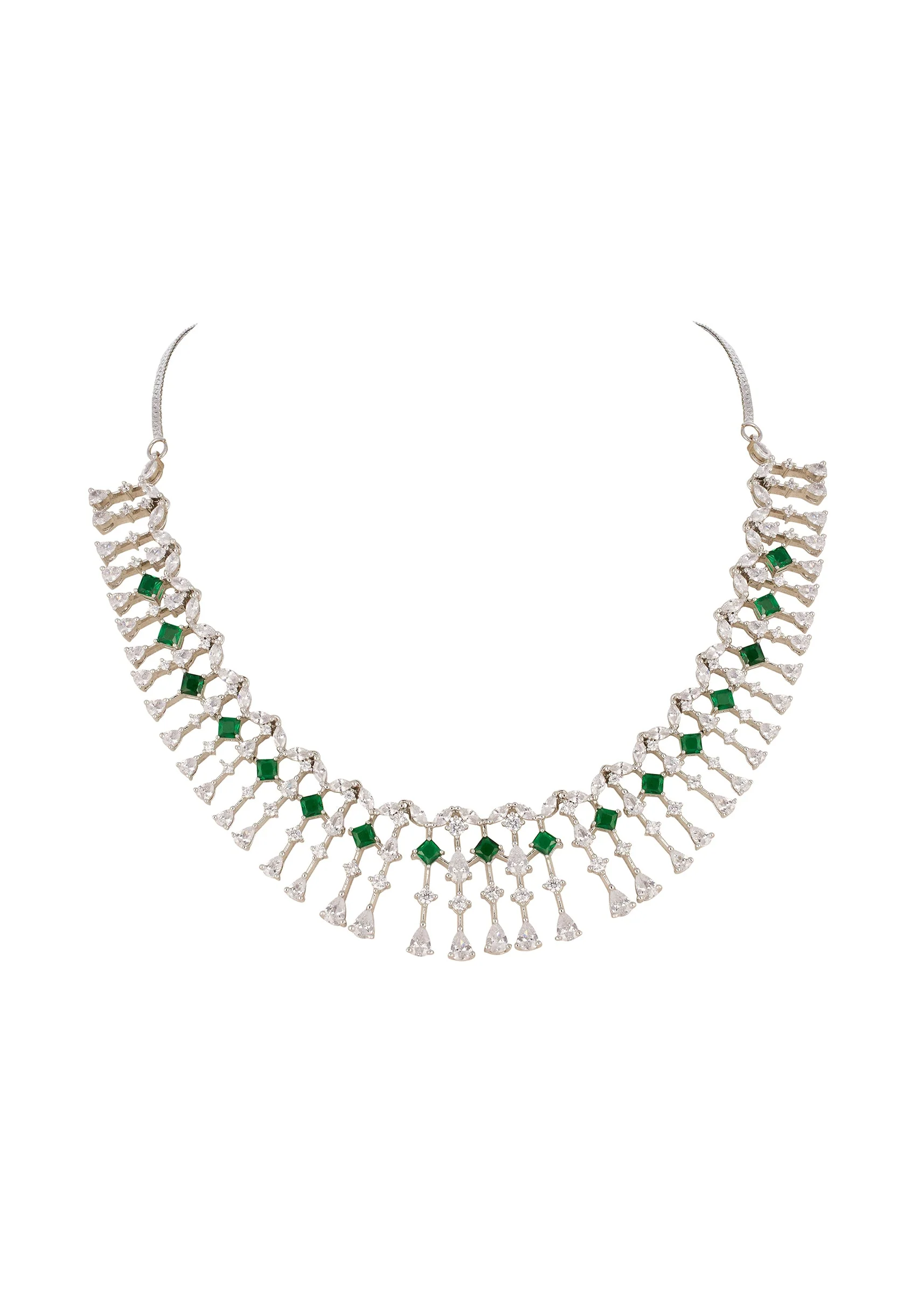 Silver Finish Necklace Set In Mix Metal With Modern Fringe Style And Green Simulated Emerald And Cubic Zirconia Accents - Image 2