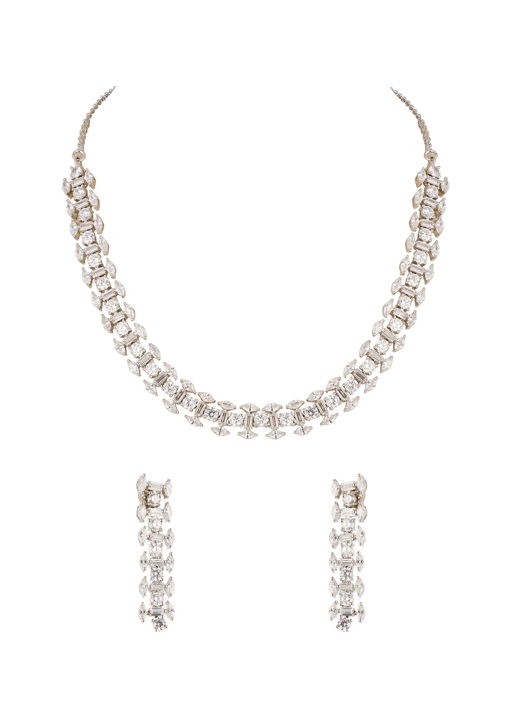 Silver Finish Necklace Set In Mix Metal With Modern Geometric Style And White Cubic Zirconia Accents