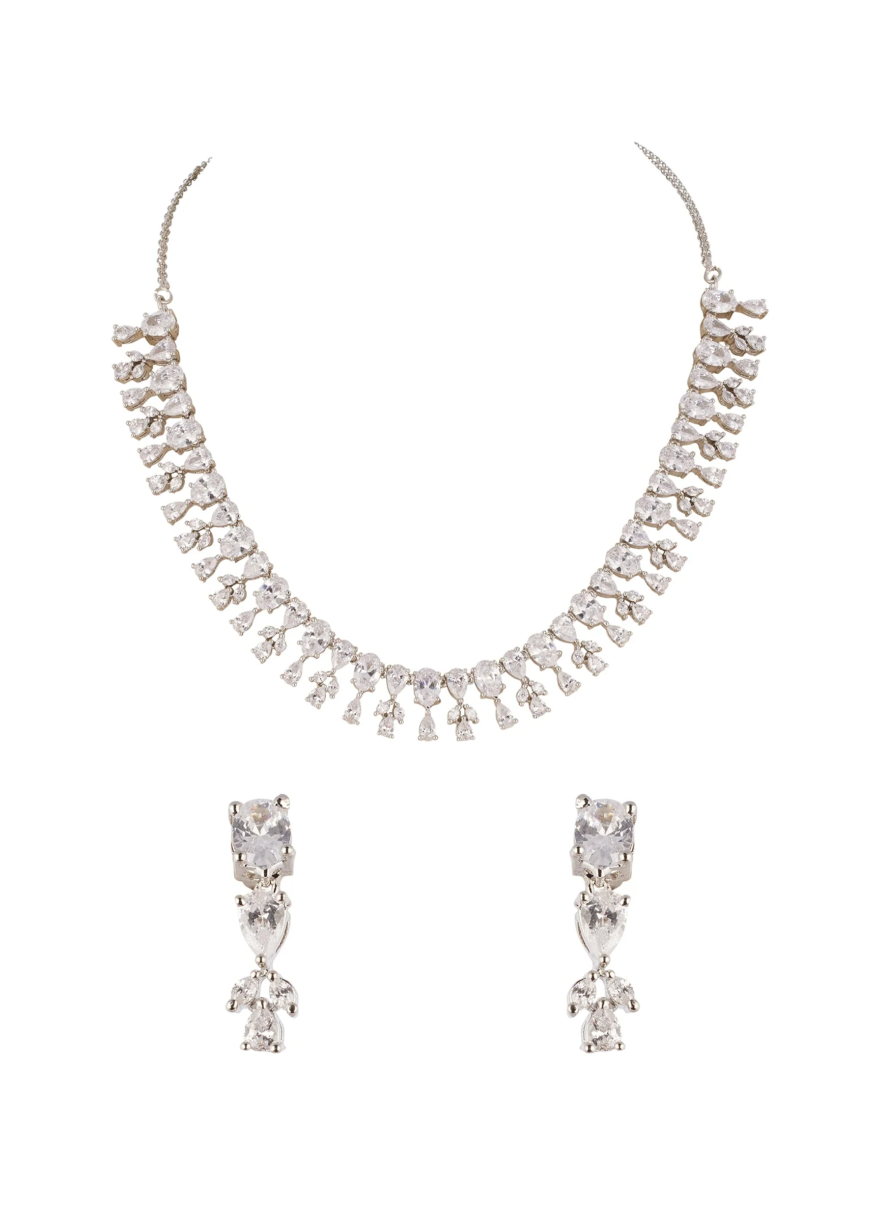 Silver Finish Necklace Set With Modern Fringe Style And Cubic Zirconia Accents