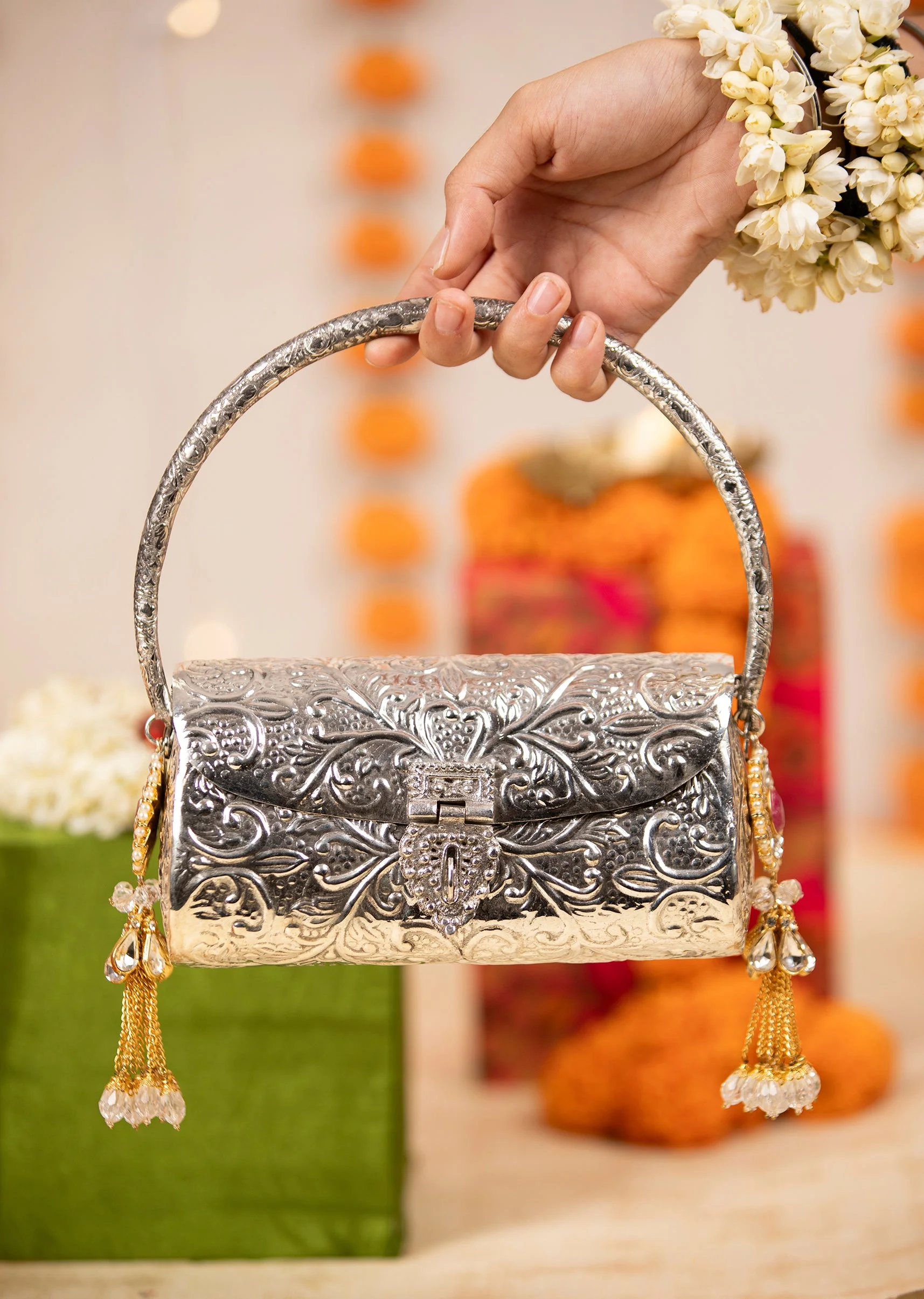 Silver Floral Embossed Textured Metal Bag