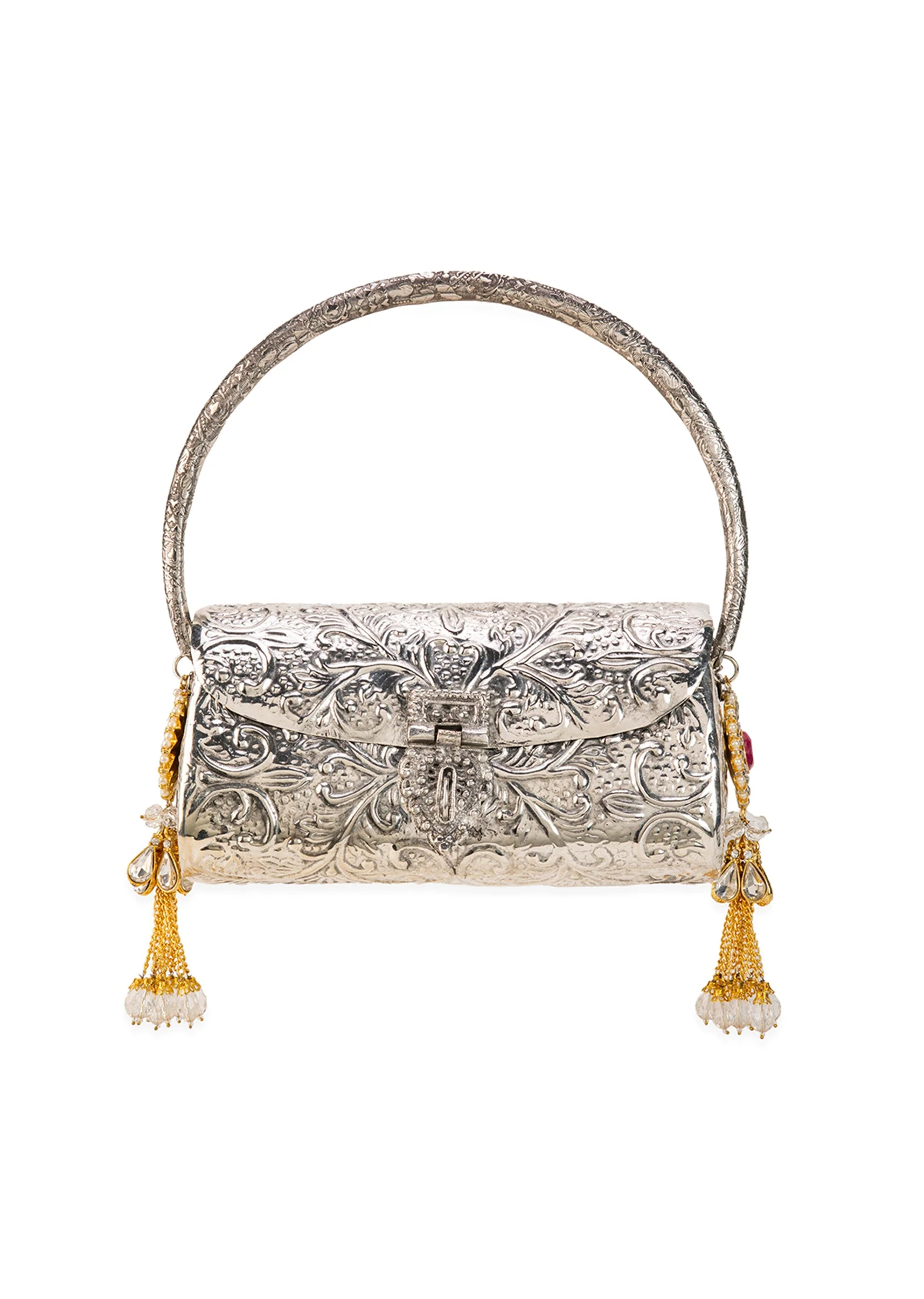 Silver Floral Embossed Textured Metal Bag - Image 2