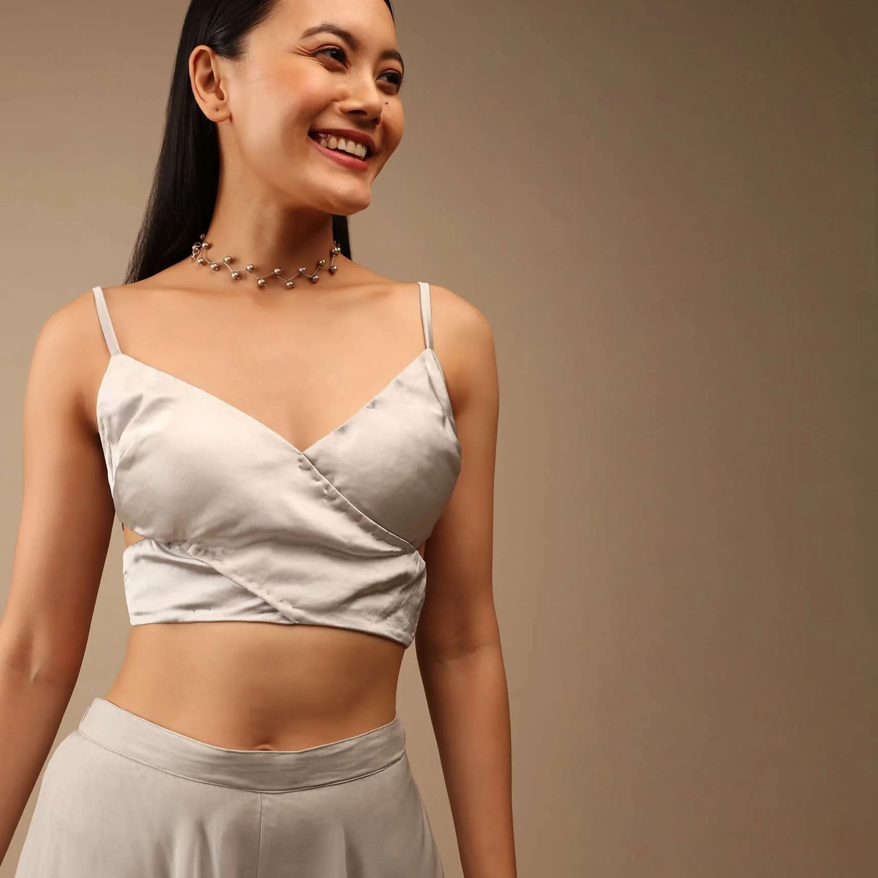 Silver Grey Blouse In Satin With A Wrap Around Design And Side Cut Outs - Image 3