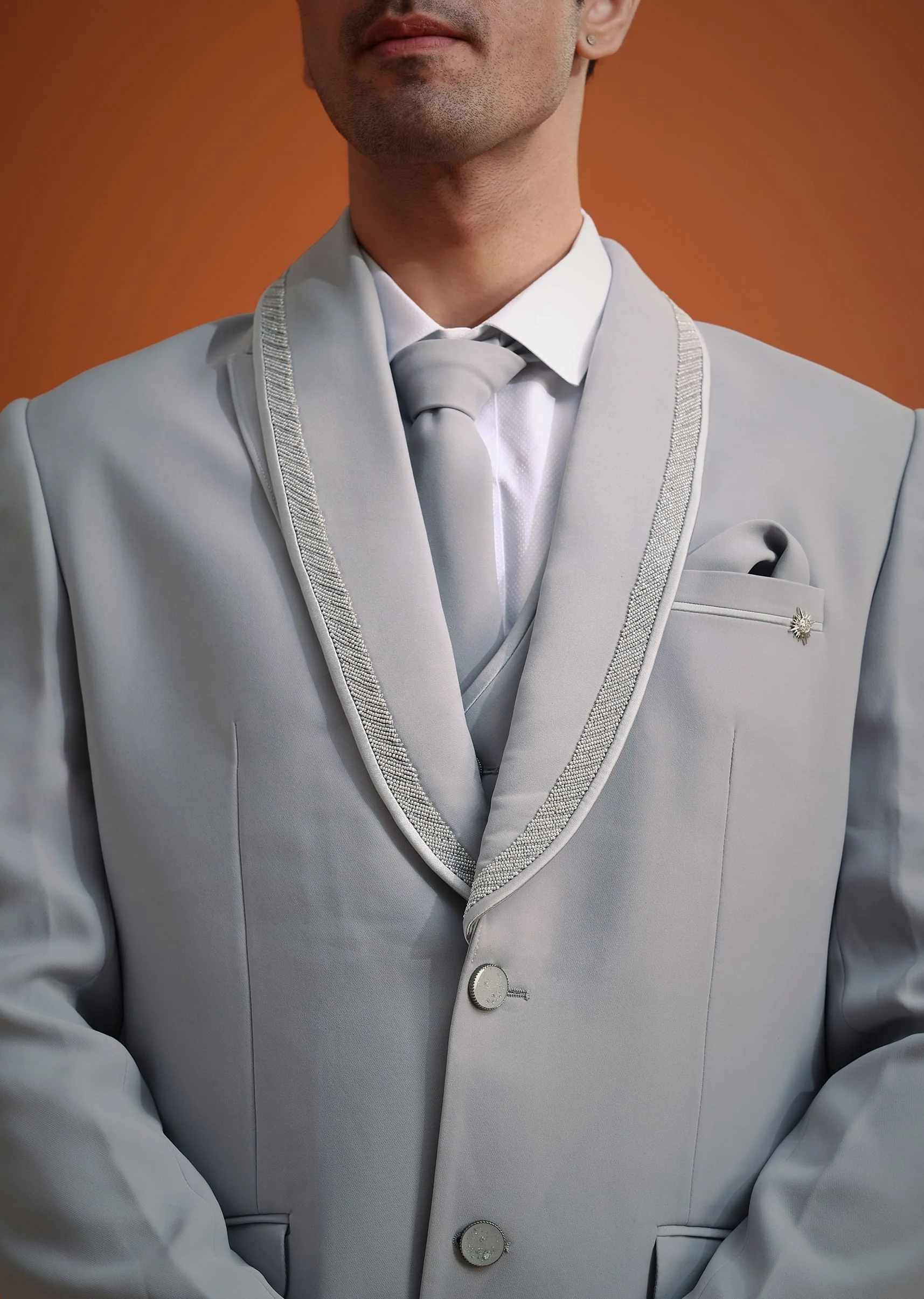 Silver Grey Cutdana Work Tuxedo And Pant Set - Image 2
