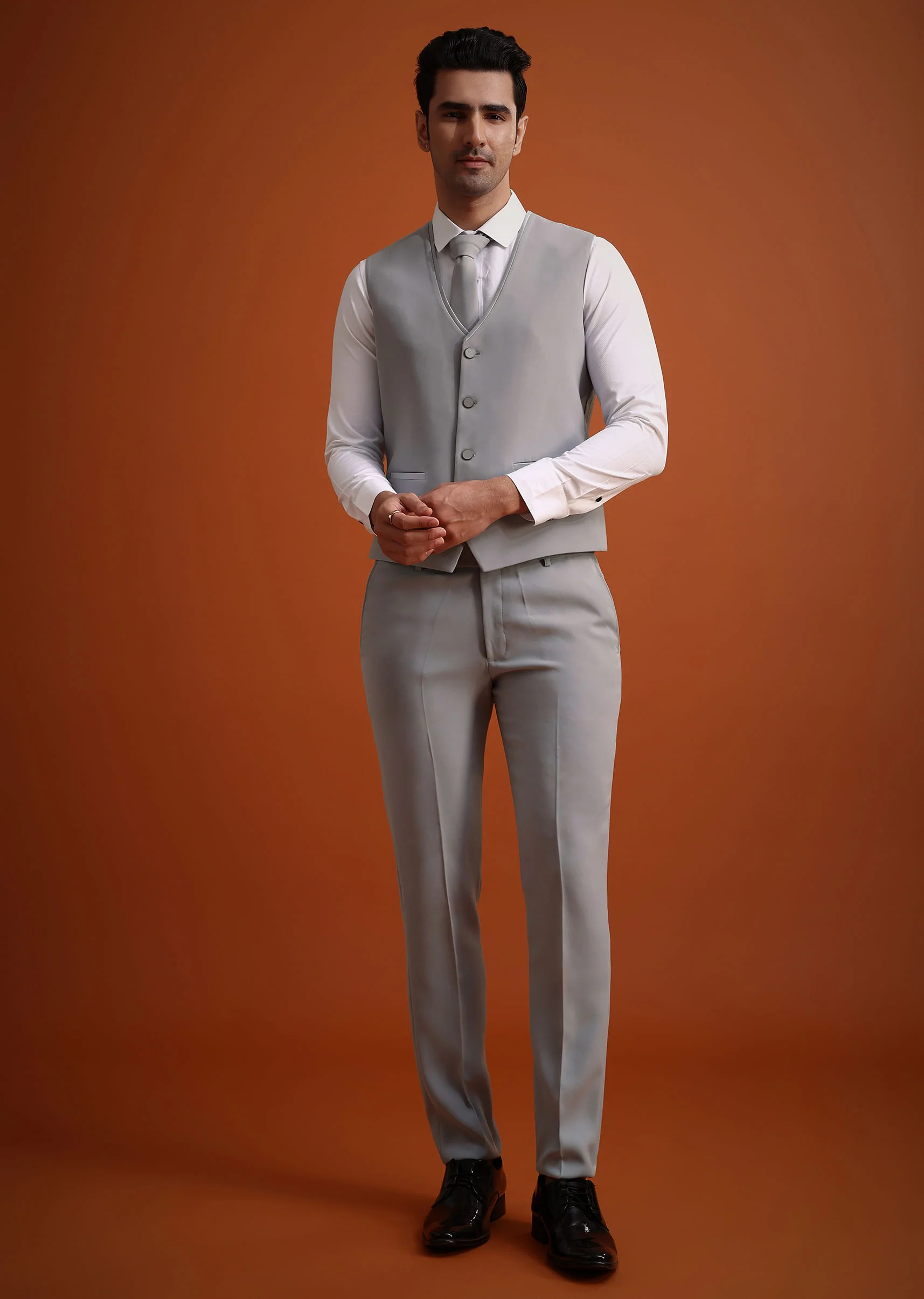Silver Grey Cutdana Work Tuxedo And Pant Set - Image 6