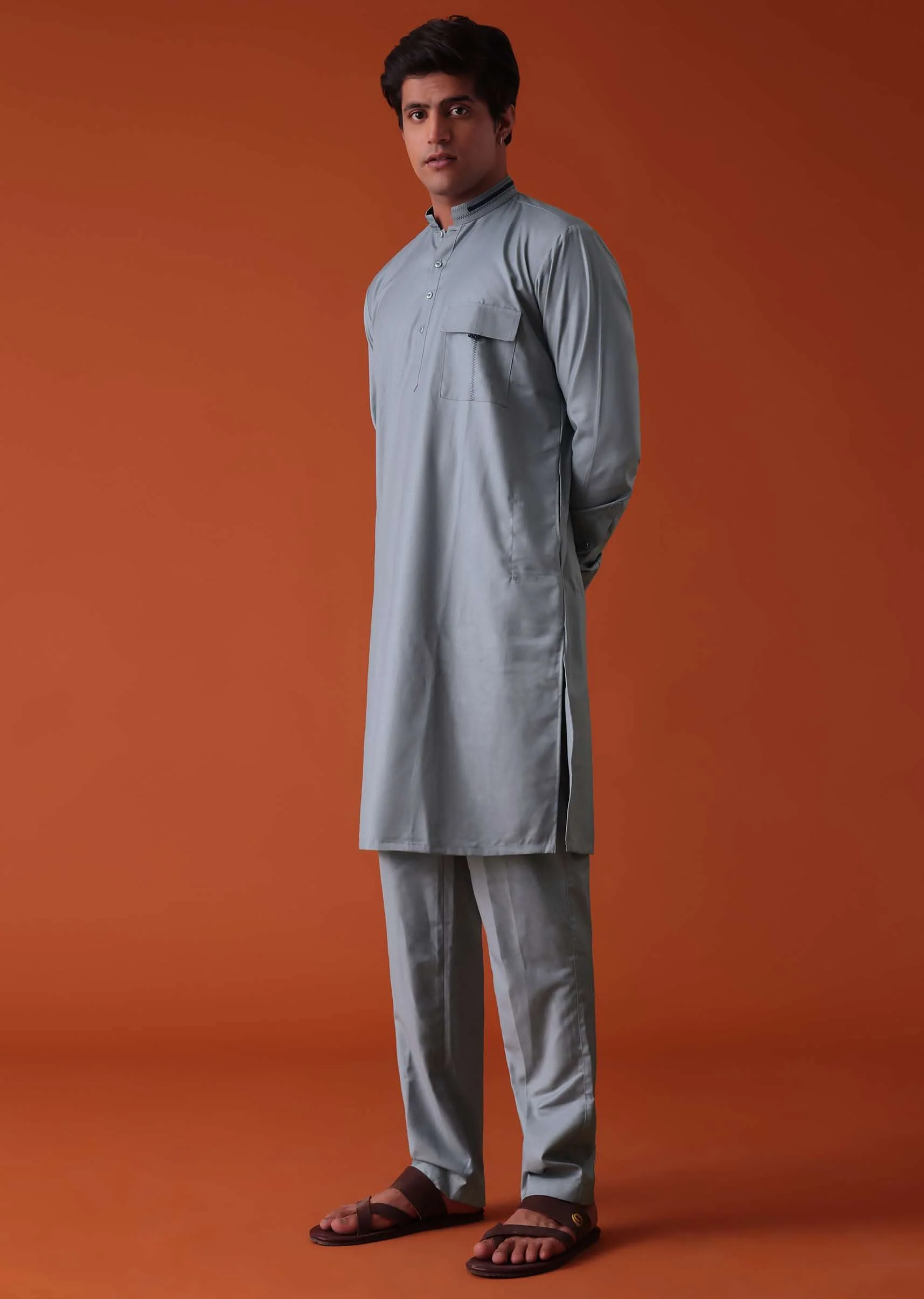 Silver Grey Pathani Kurta Set In Terry Rayon WIth Threadwork - Image 2