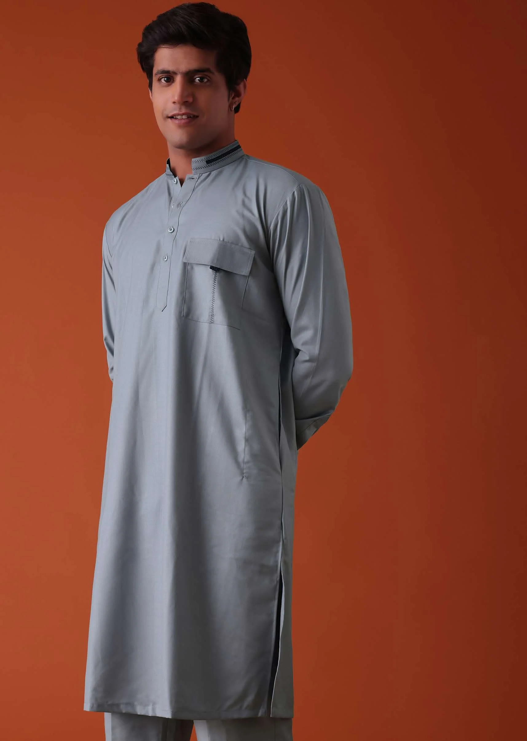 Silver Grey Pathani Kurta Set In Terry Rayon WIth Threadwork - Image 3