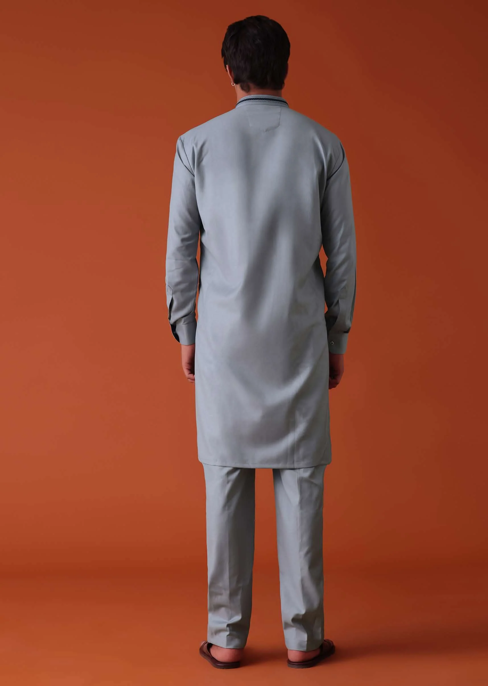 Silver Grey Pathani Kurta Set In Terry Rayon WIth Threadwork - Image 5