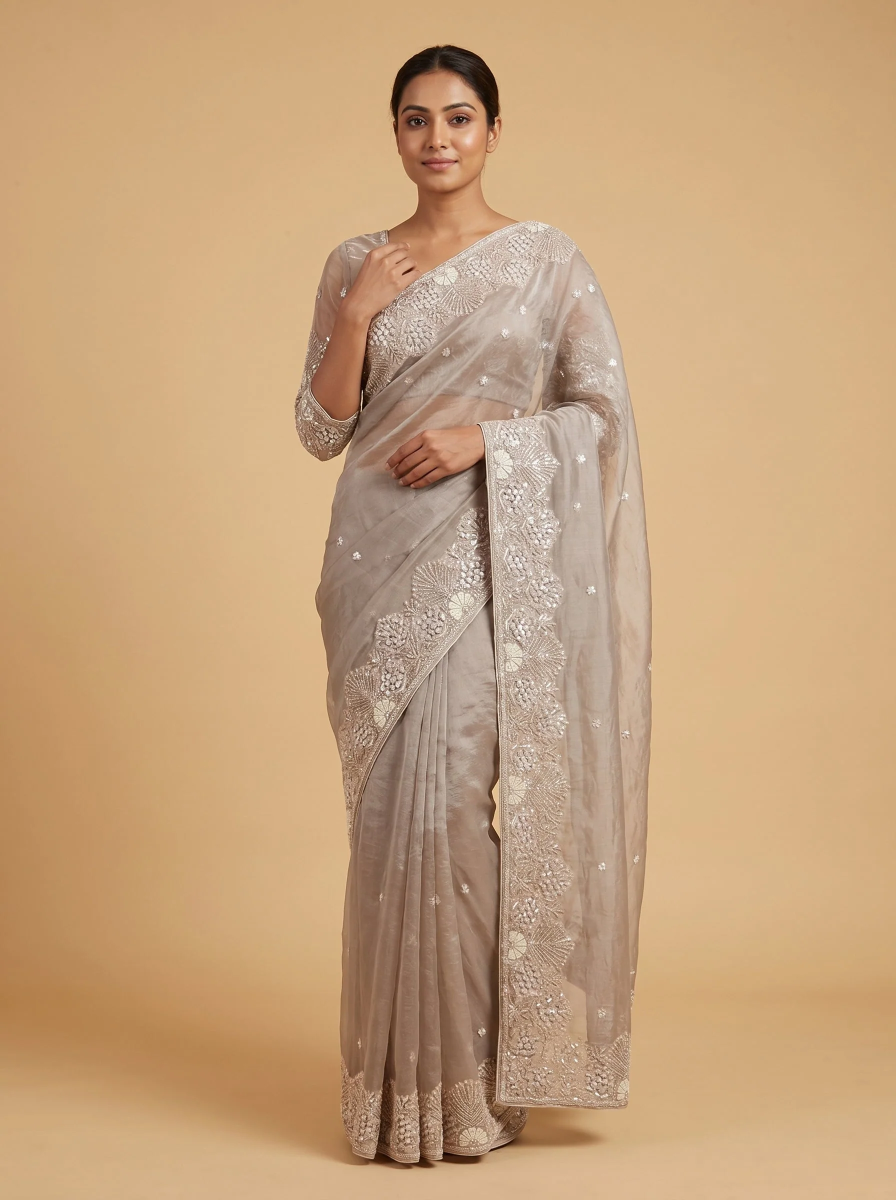 Silver Luminous Sheen Embroidered Saree