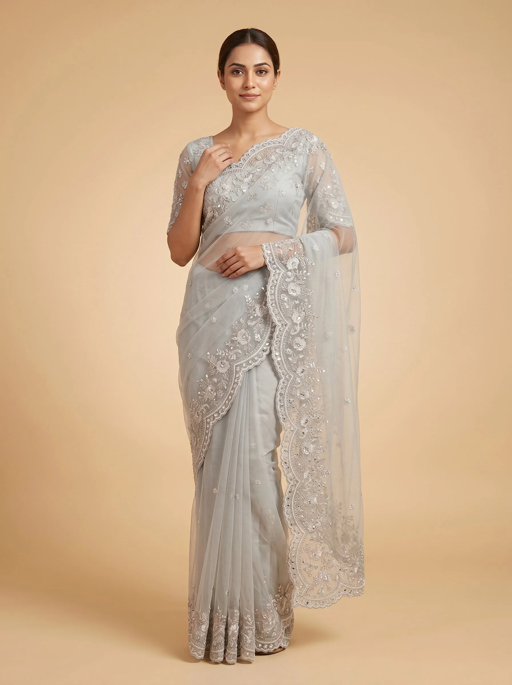 Silver Lunar Gleam Embroidered Saree