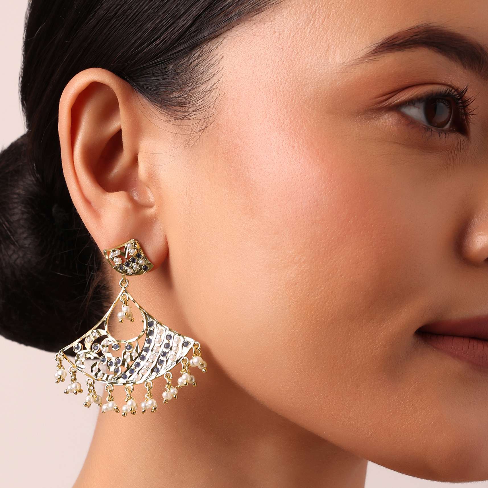 Silver Multicolor Kundan Danglers With Bead Drops - Image 2