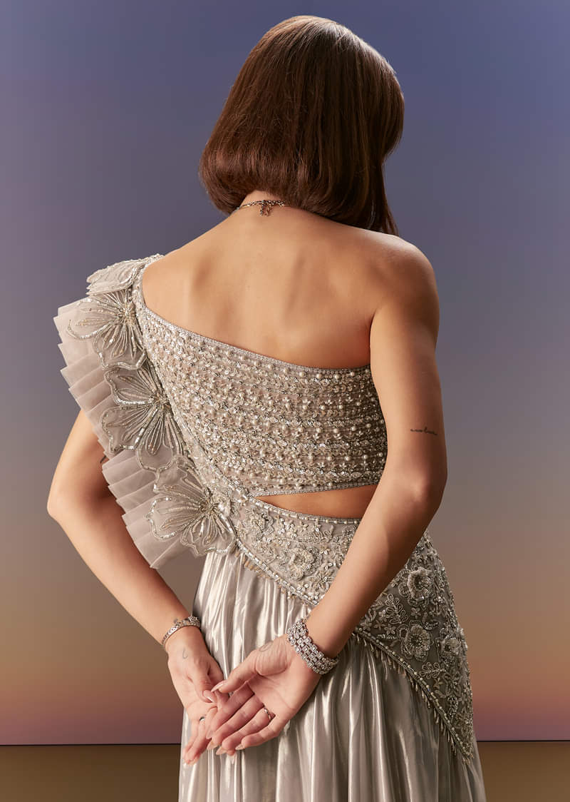 Silver One Shoulder Gown With Intricate Cut Dana Embroidery - Image 6