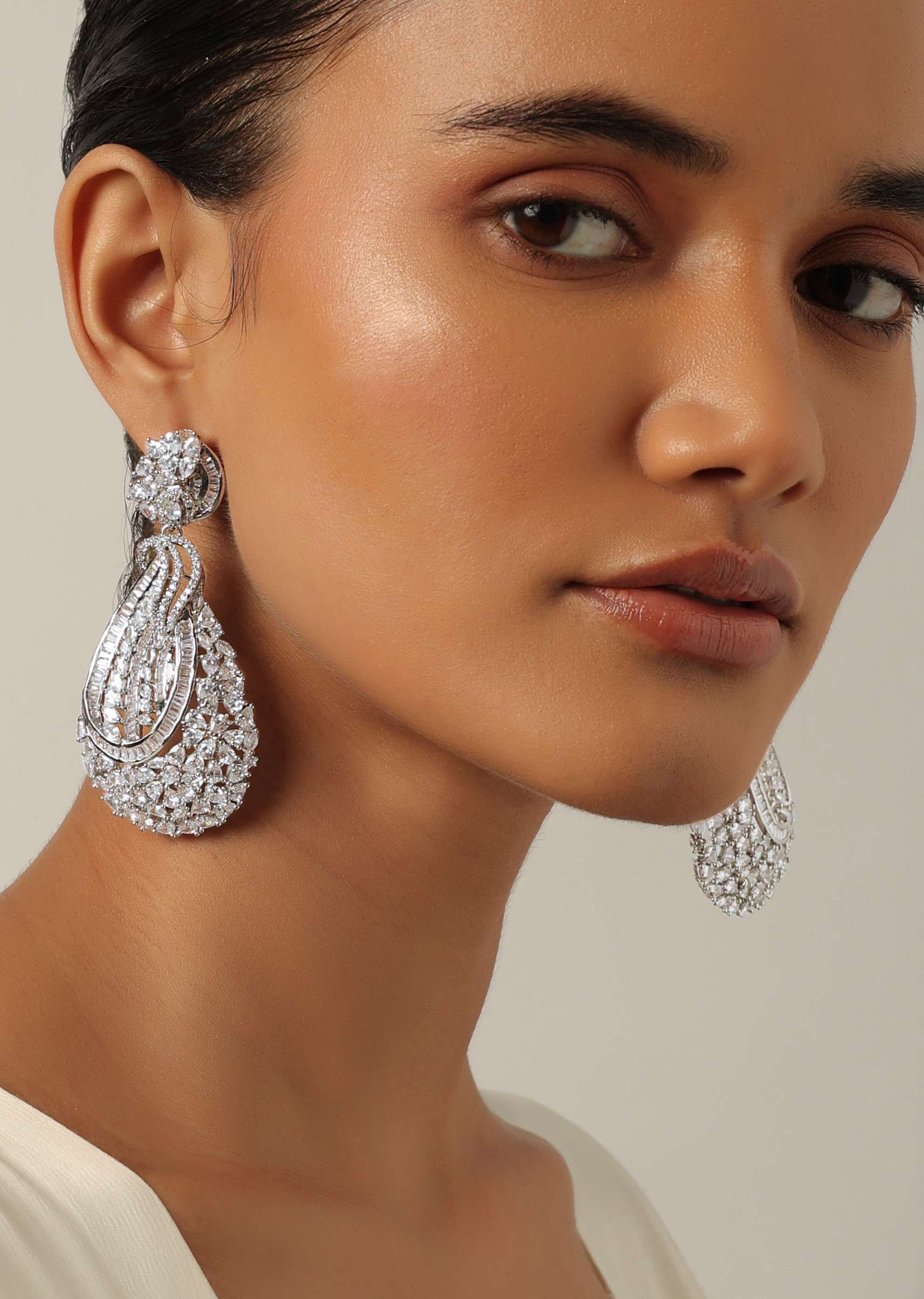 Silver Oversized Statement Danglers With White Zirconia Stones - Image 2