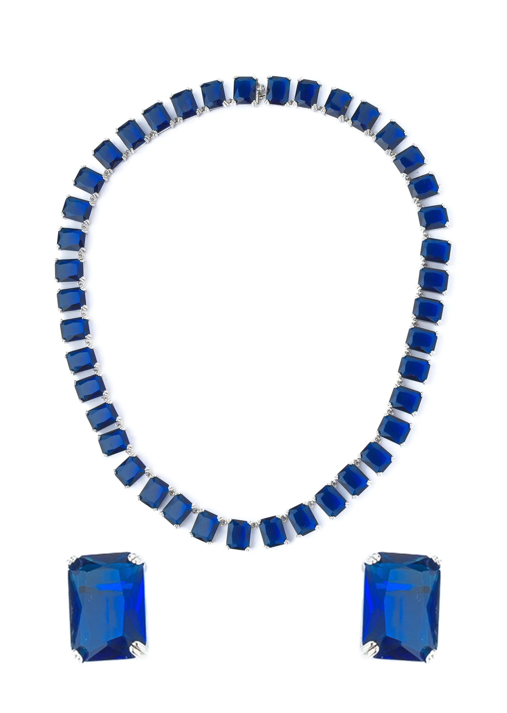 Silver Plated Blue Short Necklace Set With Earrings - Image 2