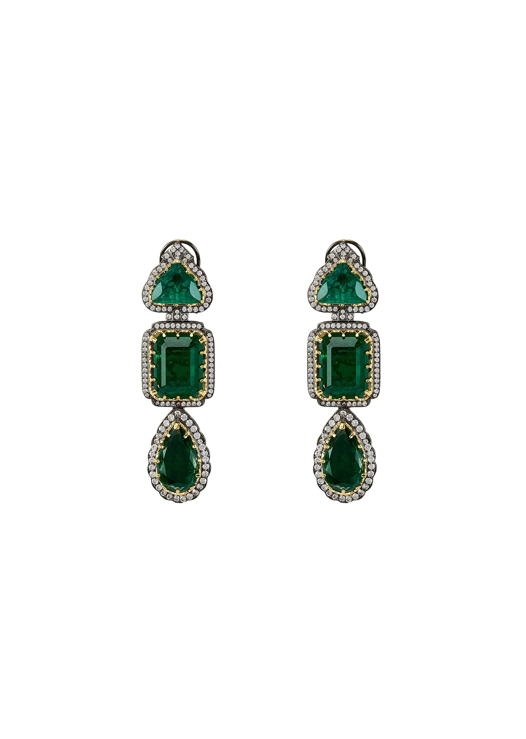 Silver Plated Green Stone Danglers With Crystals Around - Image 2