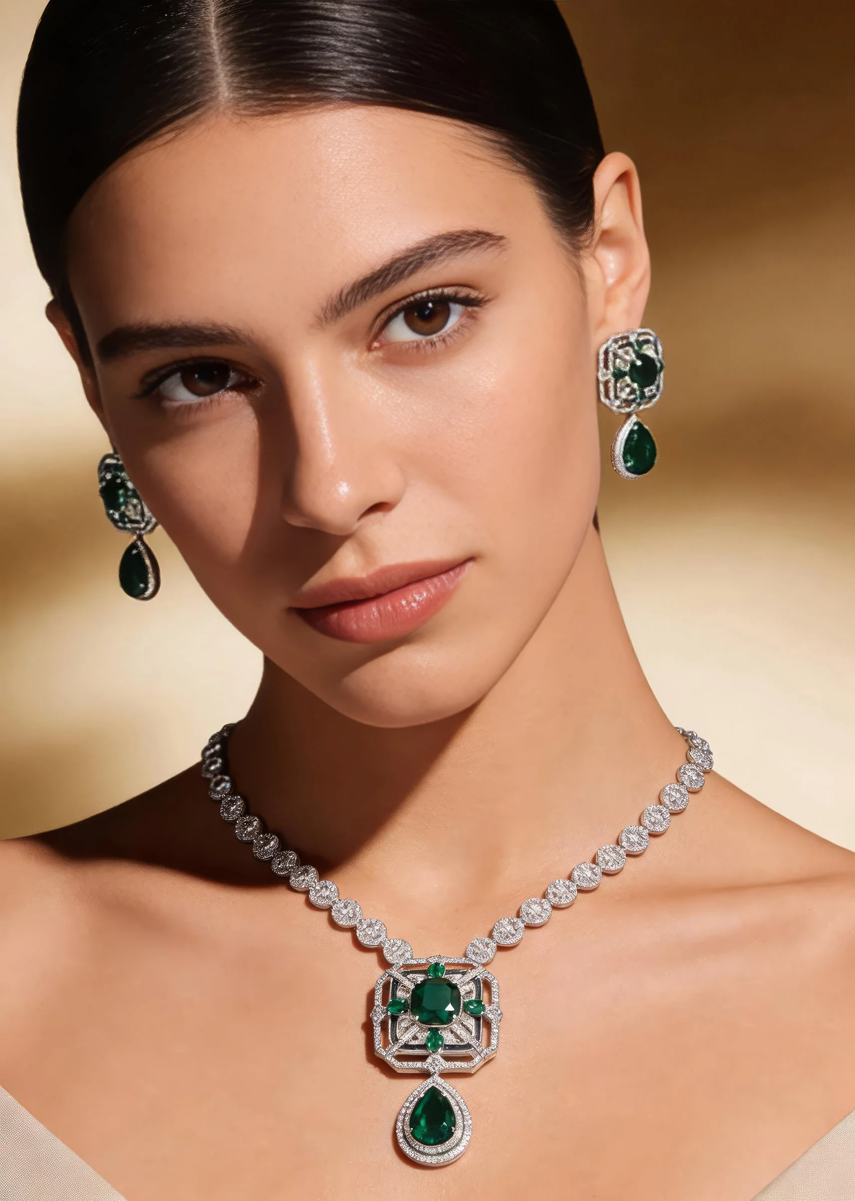 Silver Plated Green Zircon Short Necklace Set With Earrings
