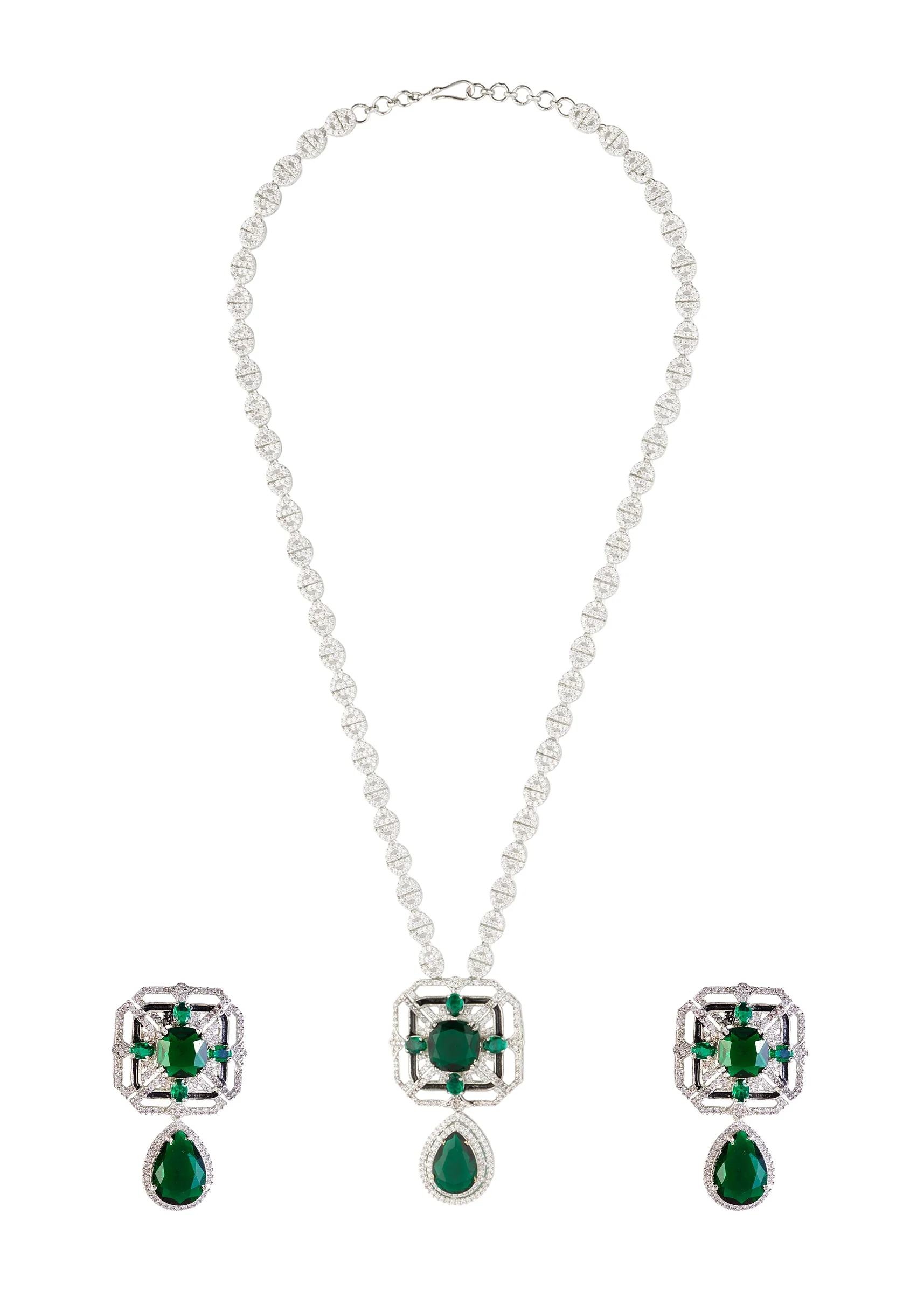 Silver Plated Green Zircon Short Necklace Set With Earrings - Image 2