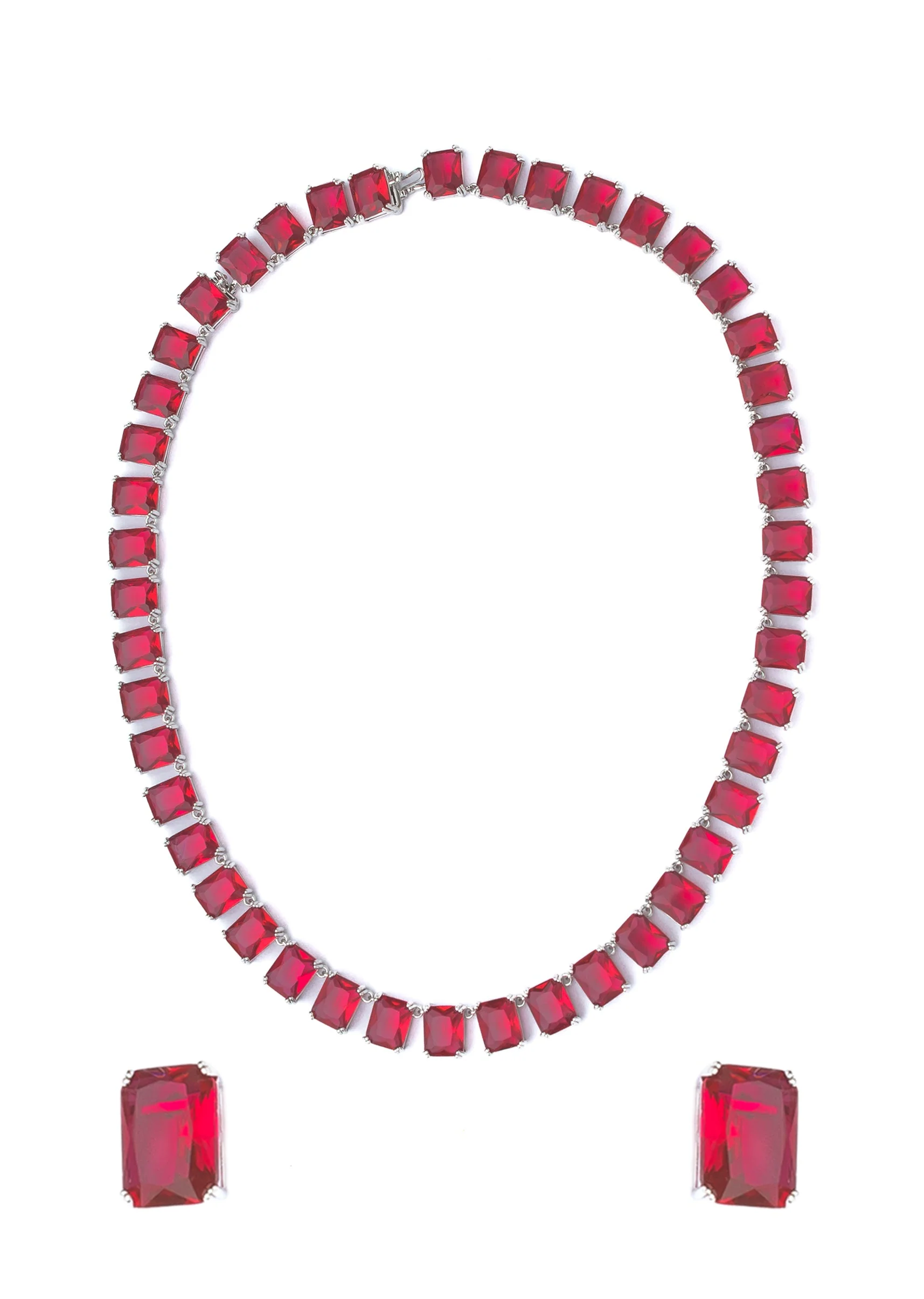Silver Plated Red Short Necklace Set With Earrings - Image 2