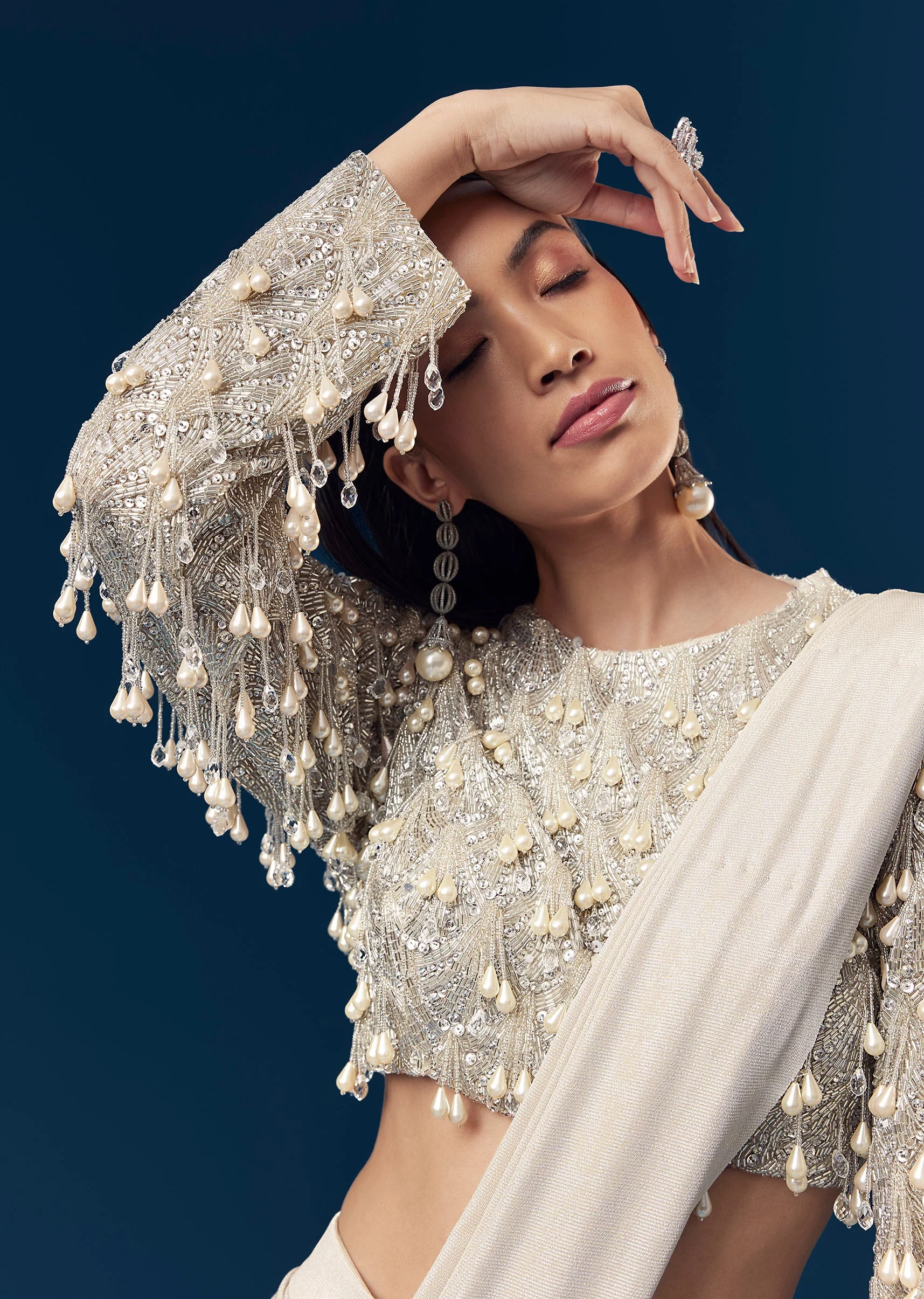 Silver Ready Pleated Indo Western Saree With Pearl And Cut Dana Embellished Full Sleeve Blouse - Image 3