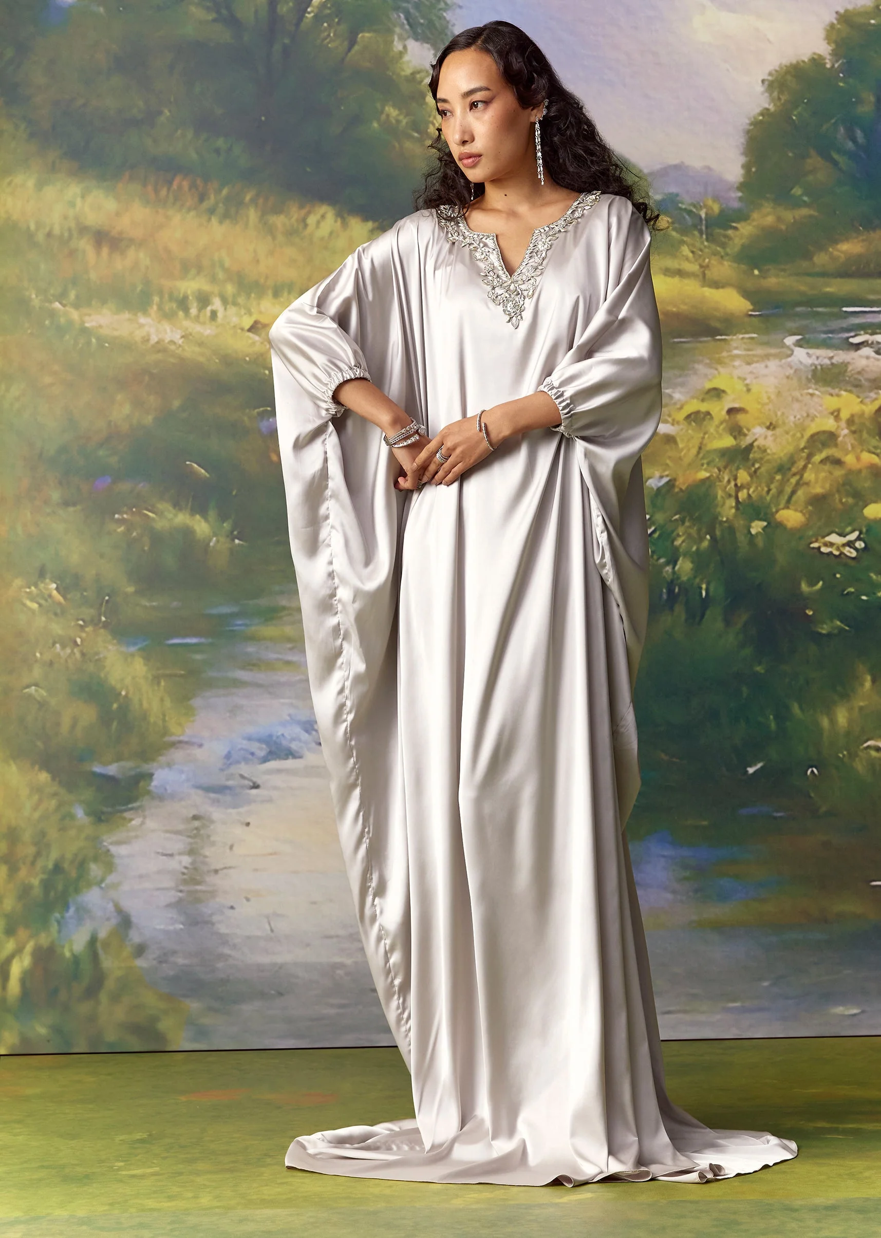 Silver Satin Metal Embellished Kaftan Set - Image 4