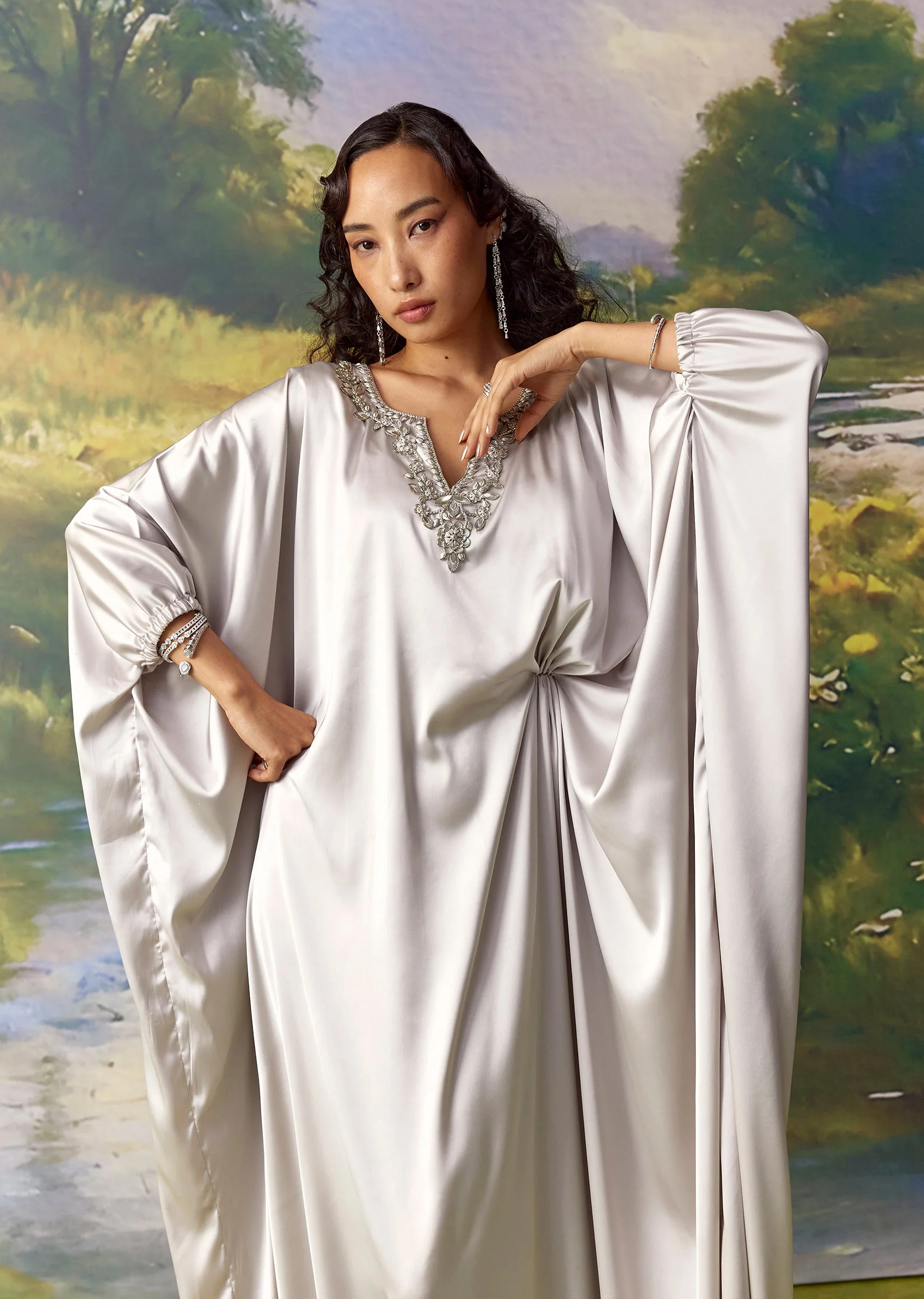 Silver Satin Metal Embellished Kaftan Set - Image 5