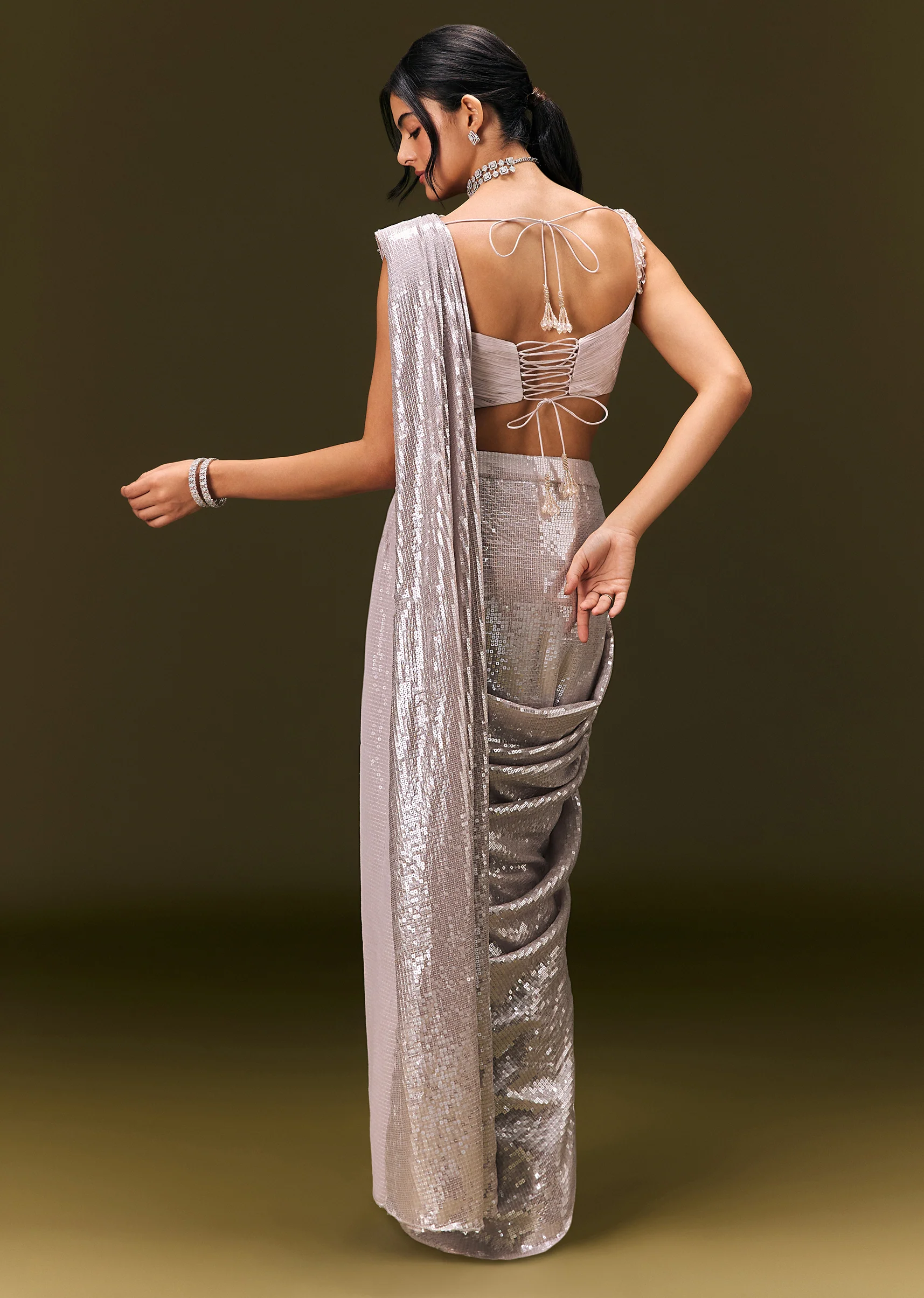 Silver Sequin Stone Embroidered Readymade Saree With Ruched Blouse - Image 5