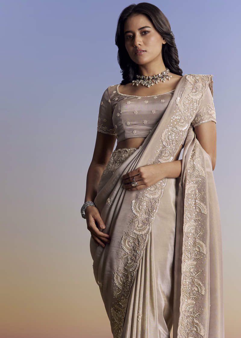 Silver Tissue Saree With Embroidered Scallop Border And Sequin Moti Work