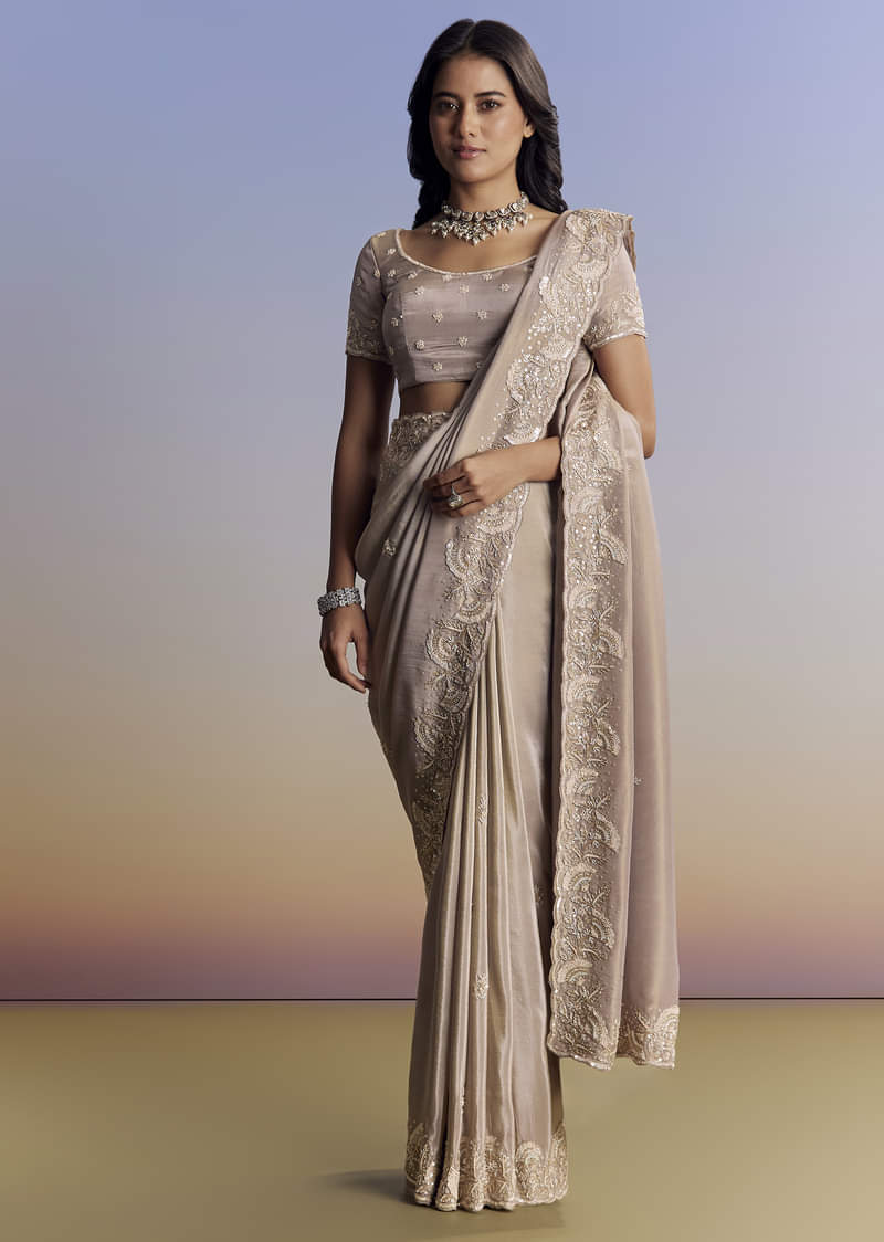 Silver Tissue Saree With Embroidered Scallop Border And Sequin Moti Work - Image 2