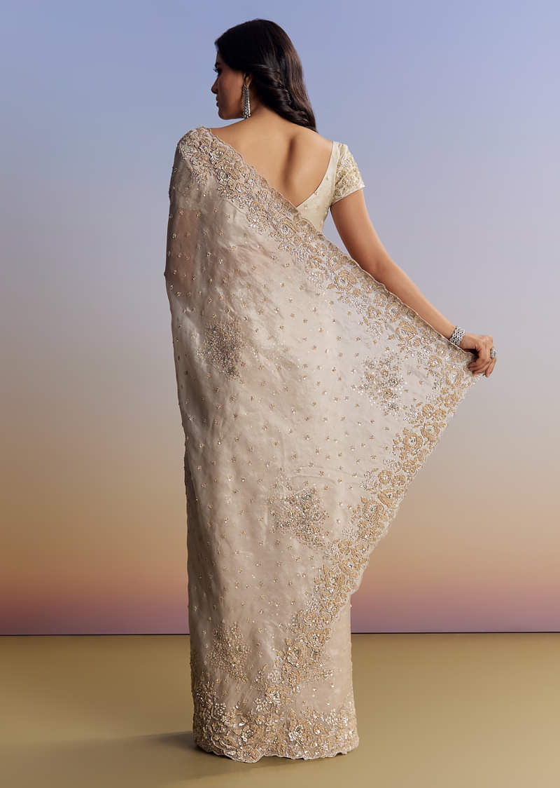 Silver Tissue Saree With Floral Cut Dana Embroidery - Image 6