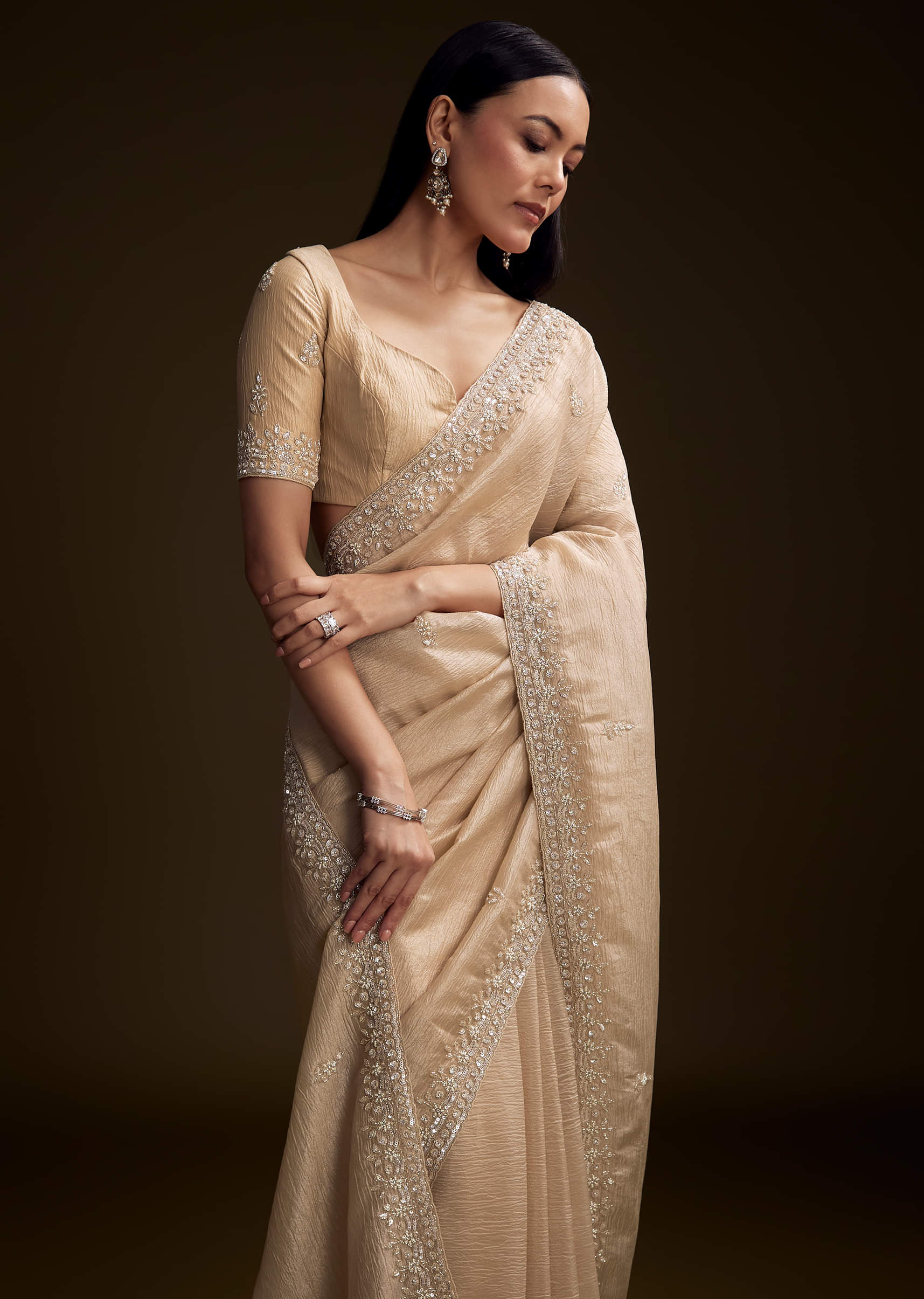Silver Tissue Saree With Sequin And Stone Embroidery - Image 5