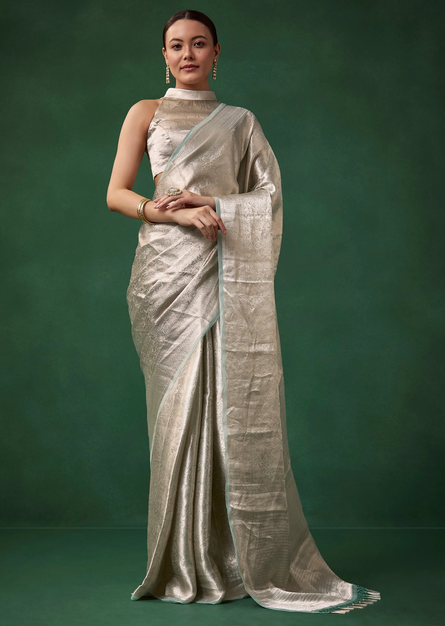 Silver Tissue Silk Jacquard Weave Saree with Unstitched Blouse - Image 3
