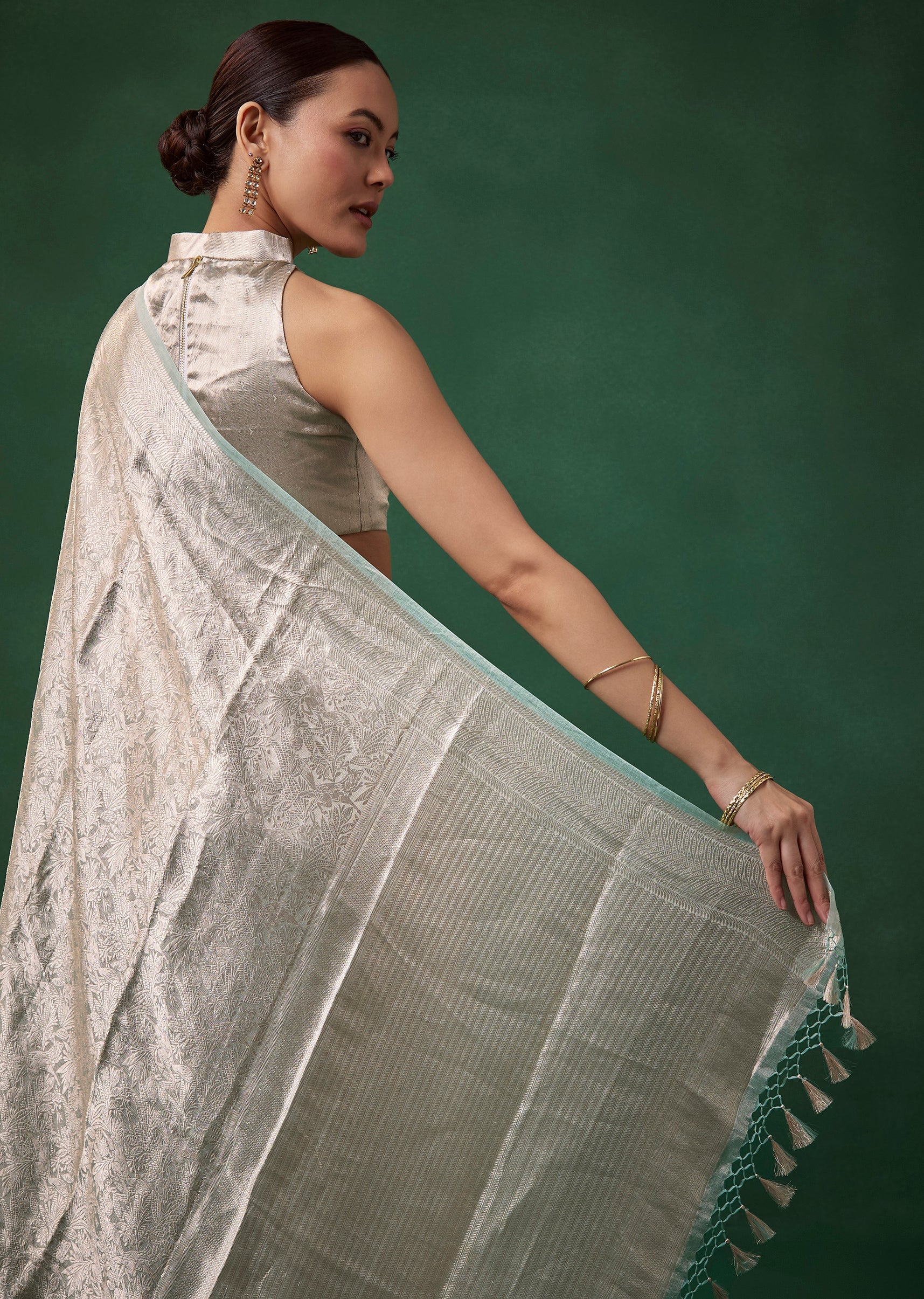 Silver Tissue Silk Jacquard Weave Saree with Unstitched Blouse - Image 6