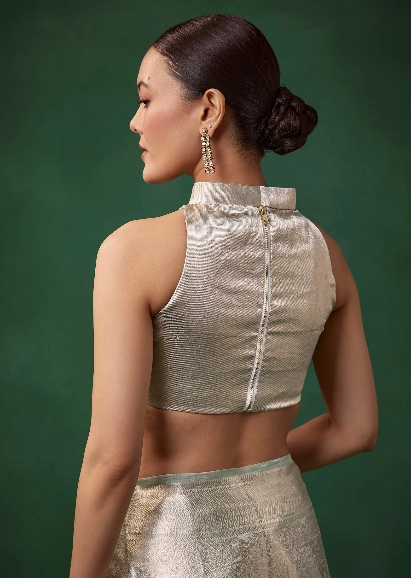Silver Tissue Silk Jacquard Weave Saree with Unstitched Blouse - Image 8