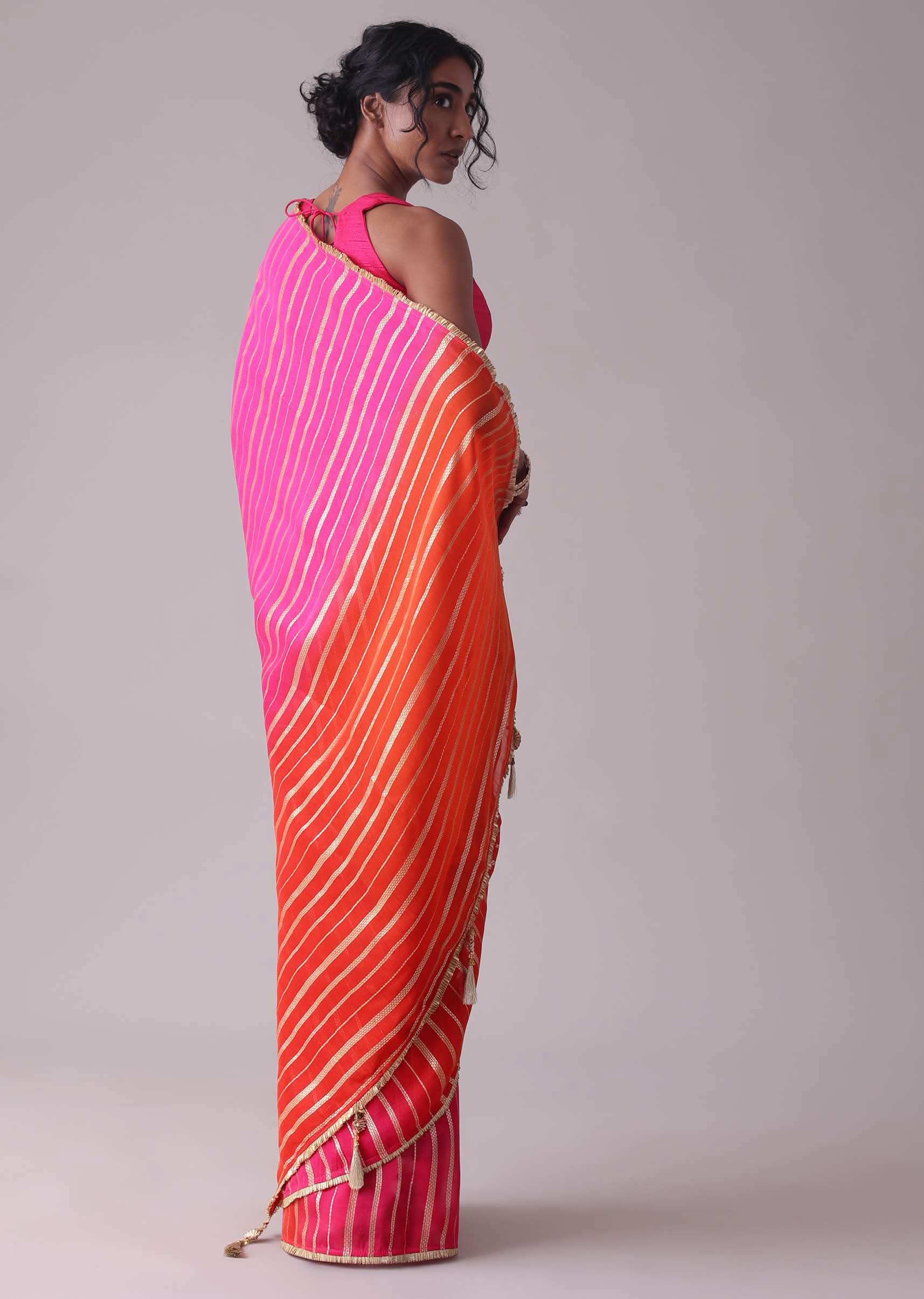 Ski Patrol Red Woven Ombre Saree In Organza - Image 5