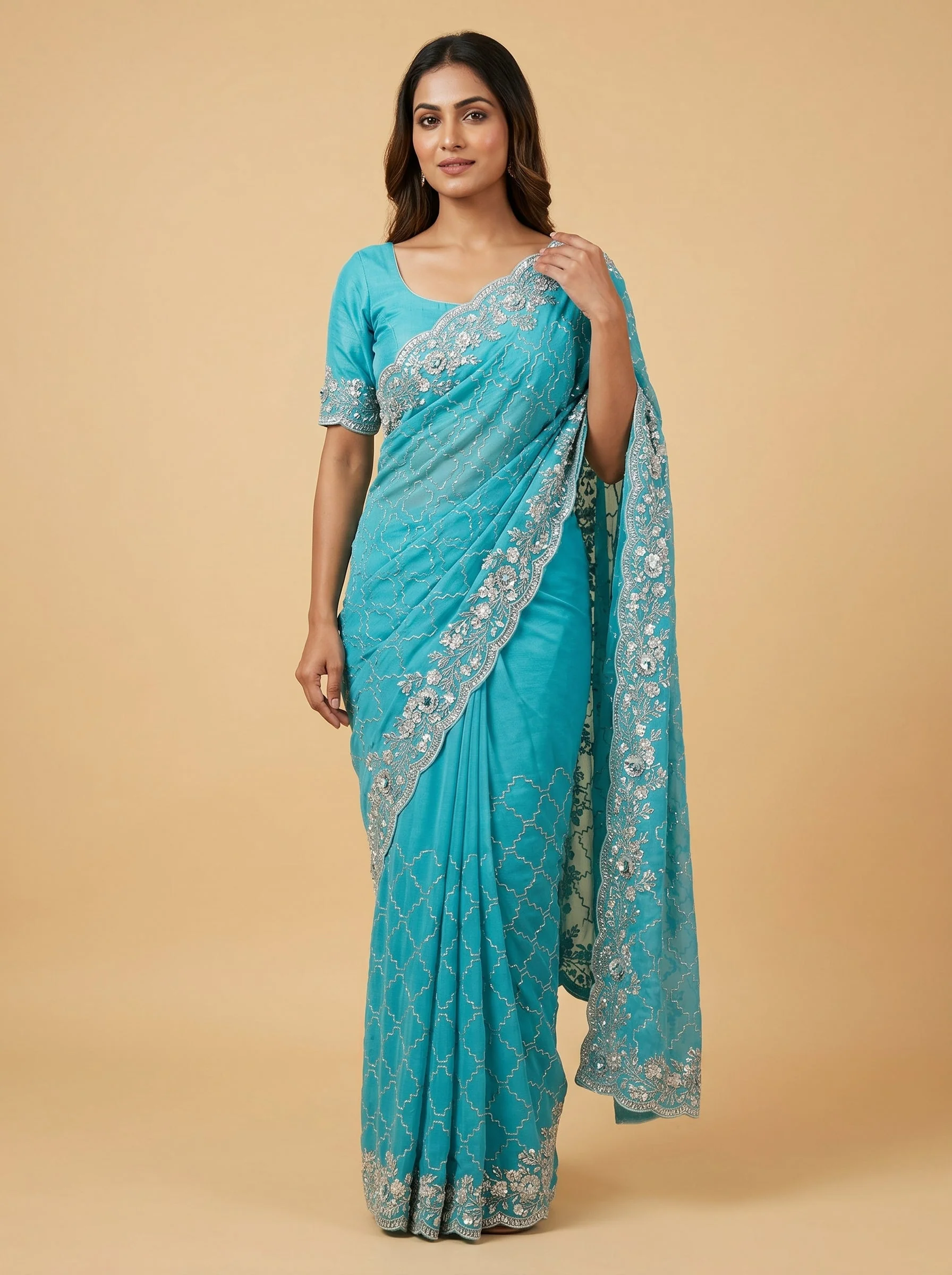 Sky Blue Airy Mist Embroidered Saree