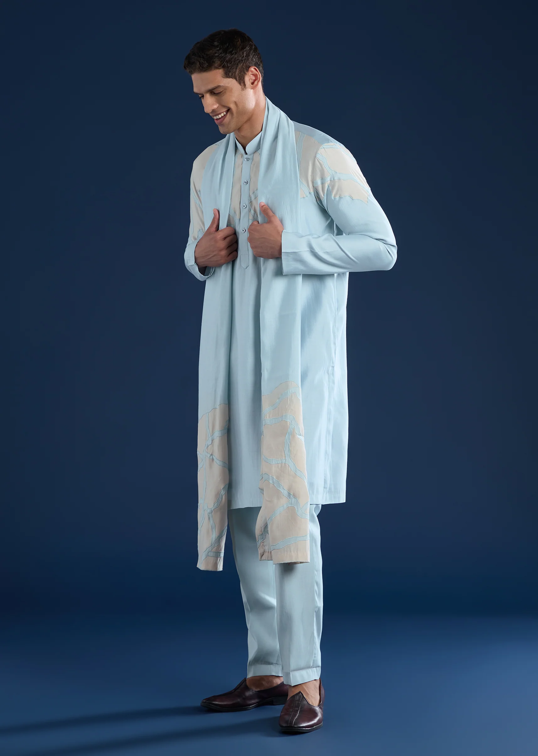 Sky Blue Applique Kurta Set with Dupatta - Image 3