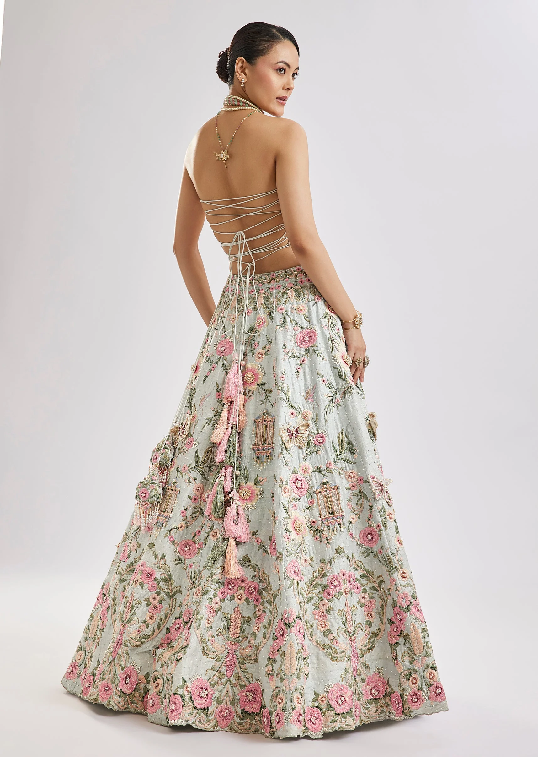 Sky Blue Butterfly Blouse Lehenga Set - Image 6